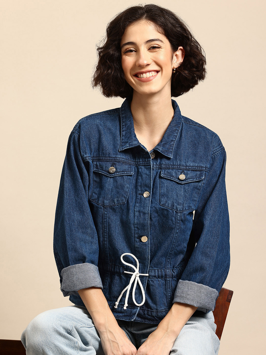 Mast & Harbour Waist Tie-Up Cotton Denim Jacket