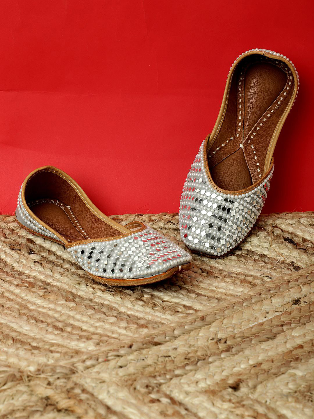 PehnawaCraft Mirror & Embellished grey mojaris for women