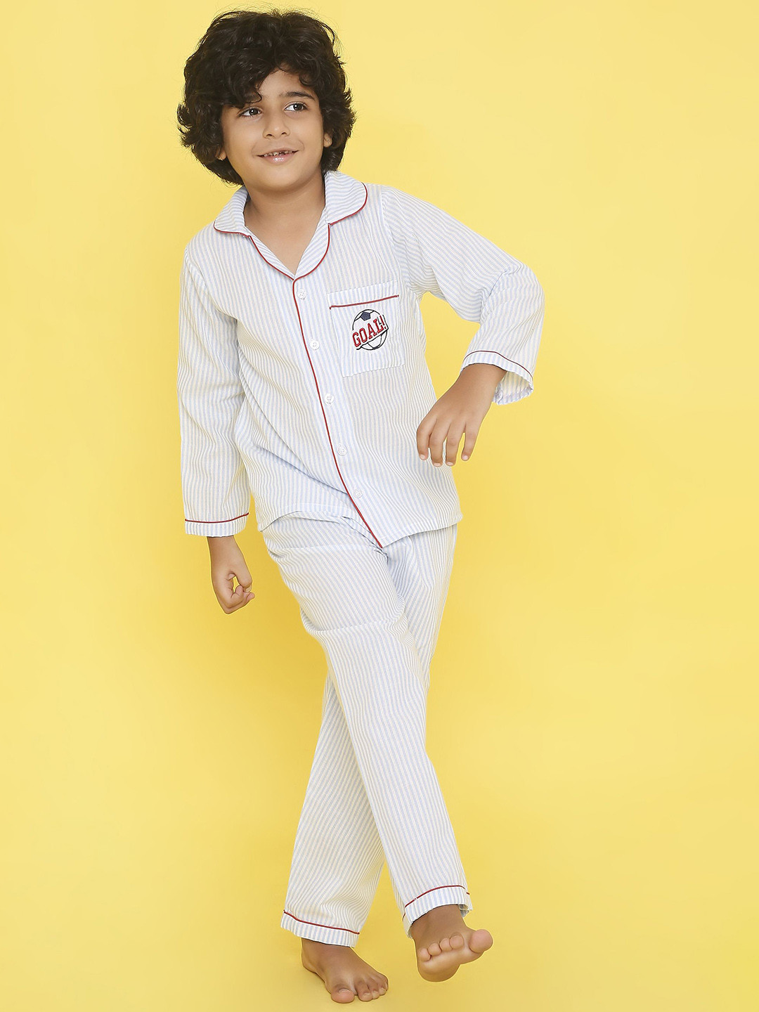 Knitting Doodles Goal Embroidery Striped Shirt with Pyjamas Night Suit