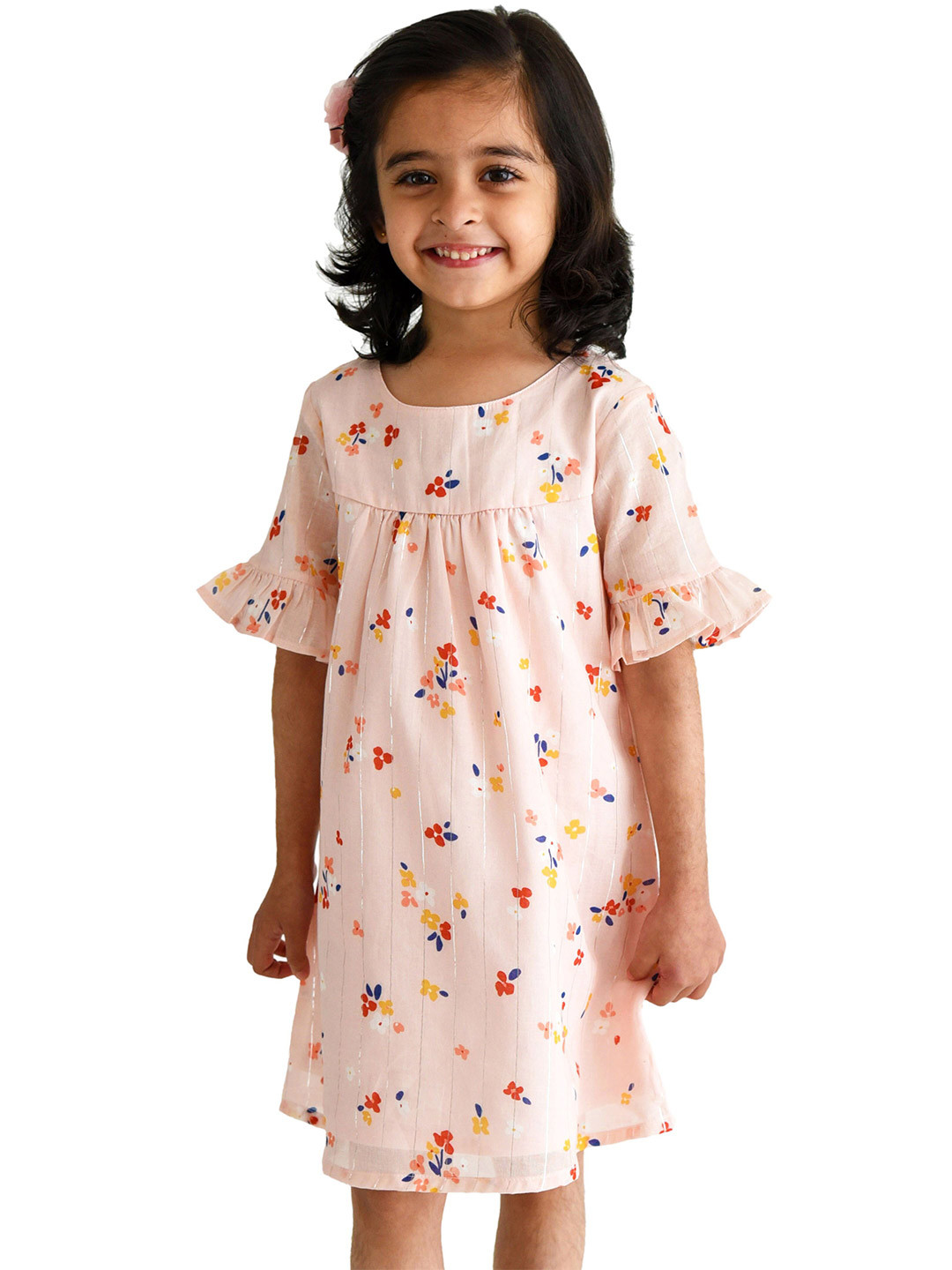 Campana Girls Short Sleeves Knee Length A-Line Printed Cotton Dress