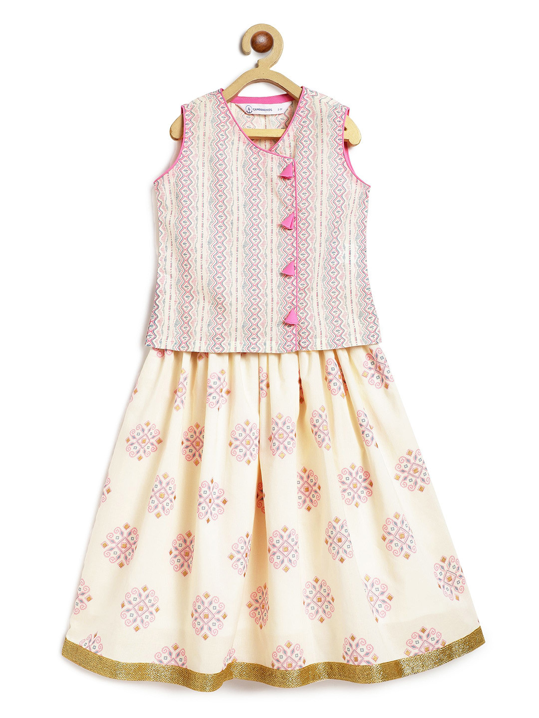 Campana Girls Printed Khari Print Ready to Wear Lehenga &