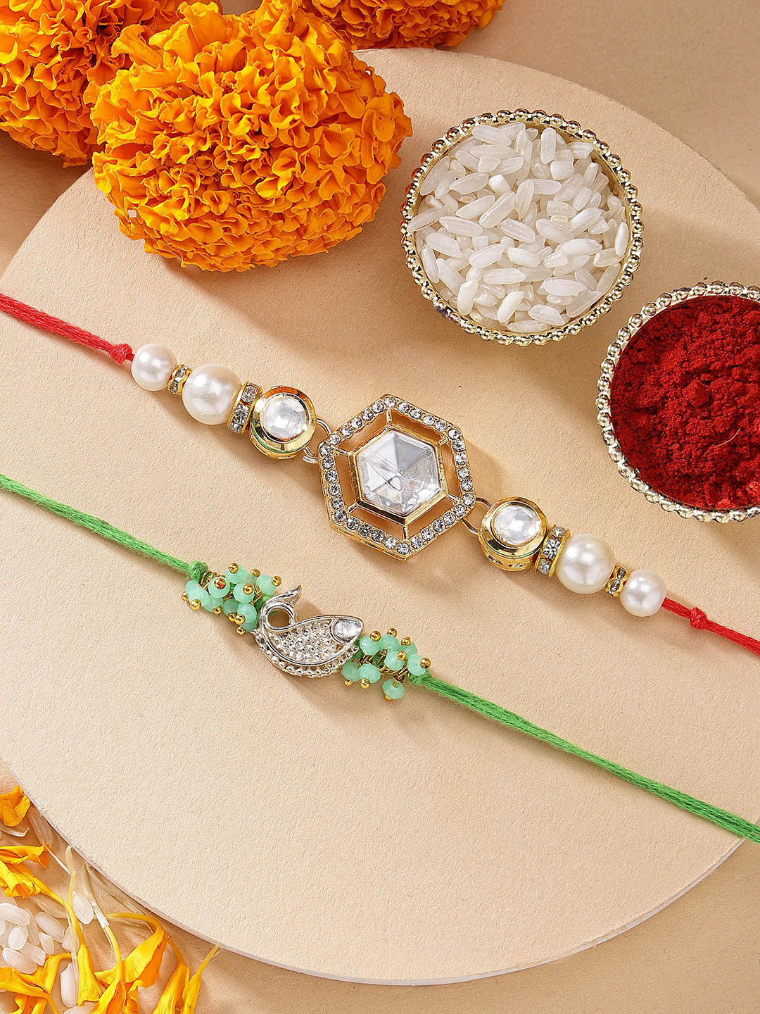 KARATCART Set of 2 Green Fish Polki Kundan Pearl Rakhi with Roli & Chawal