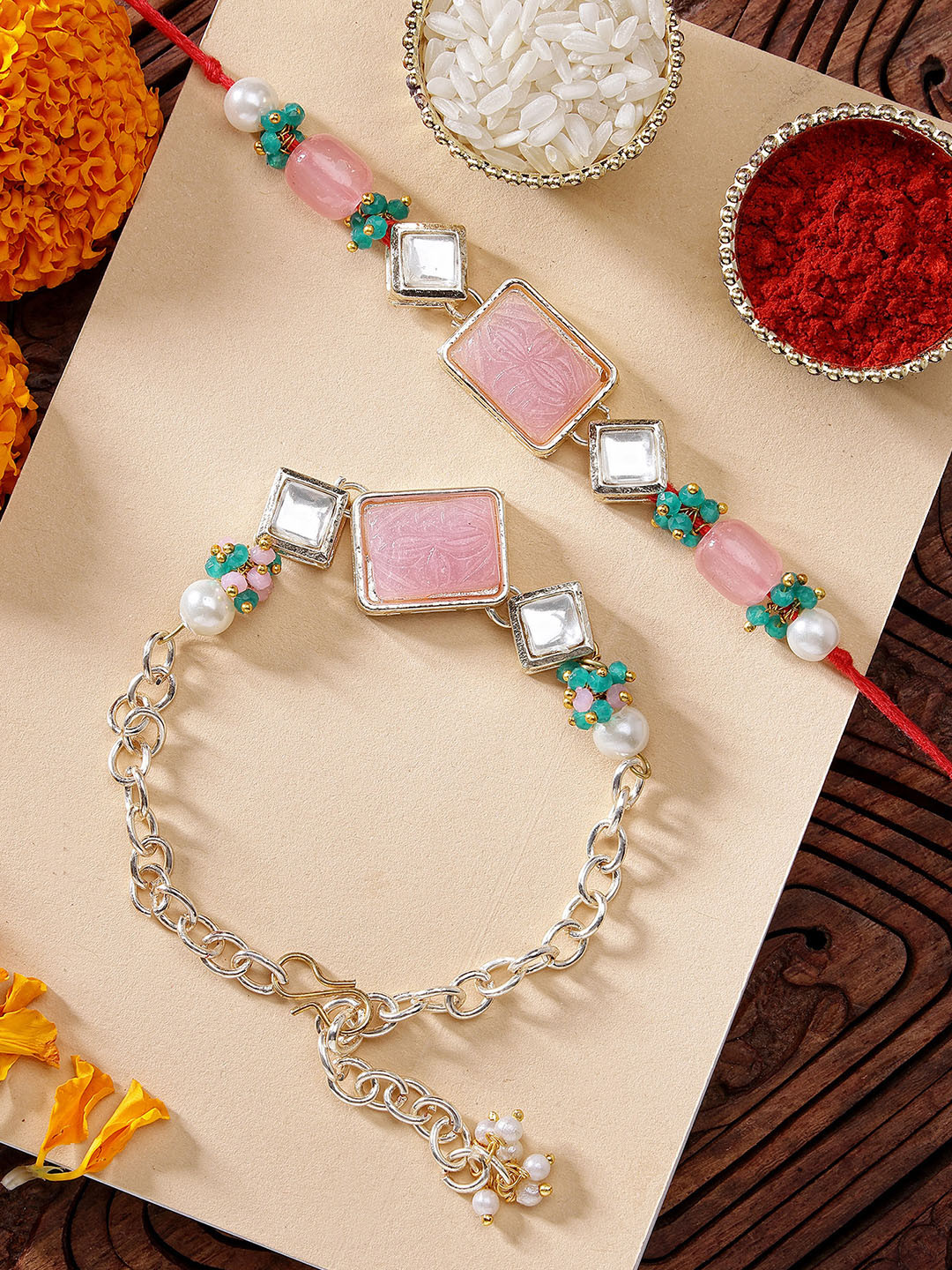 KARATCART Pink Carved Stone Green Crystal Kundan Bhaiya Bhabhi Rakhis with Roli & Chawal