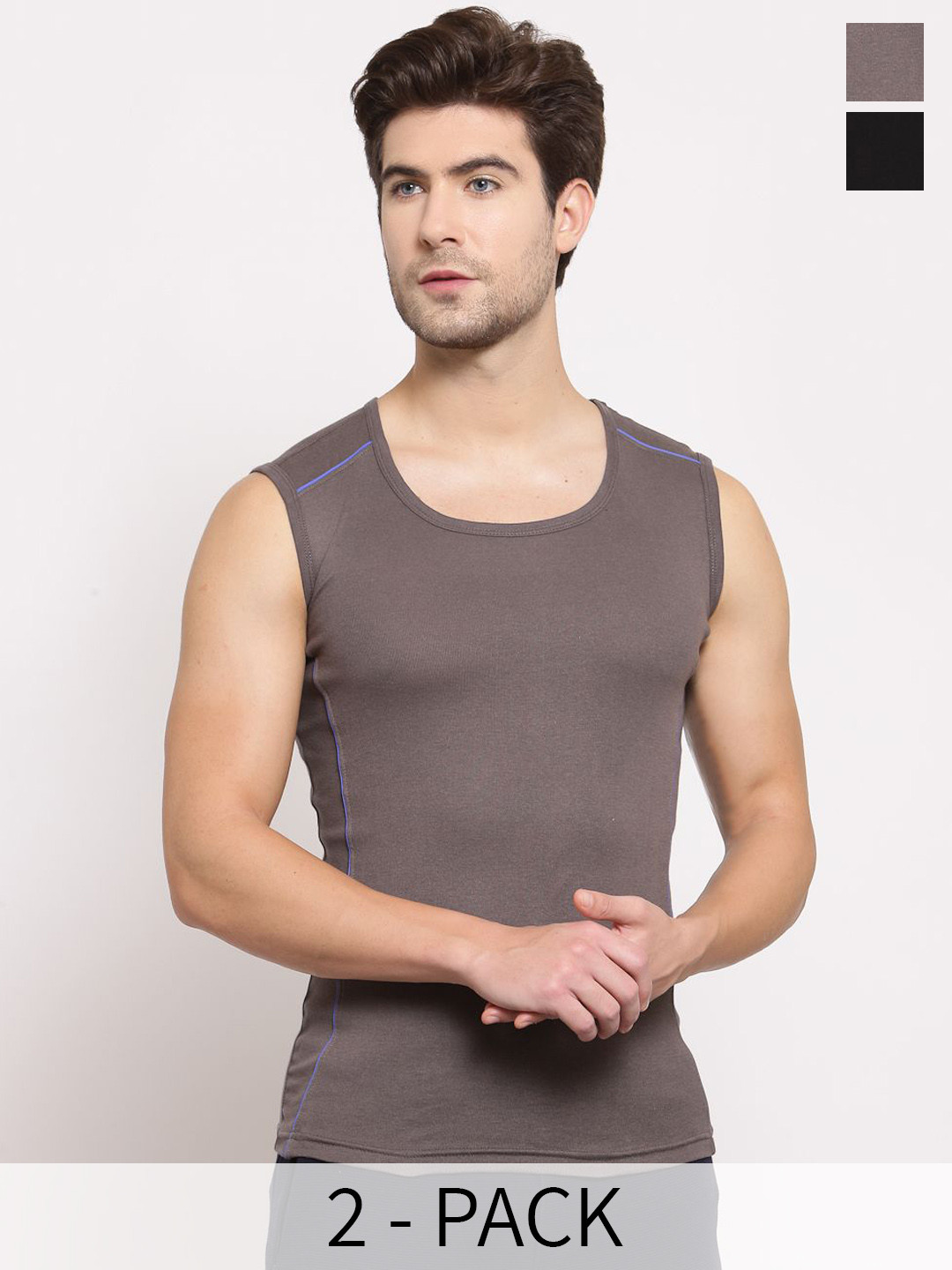 SPORTO Pack Of 2 Cotton Innerwear Vests SP-VE-1062-BK-CH-S-2PC
