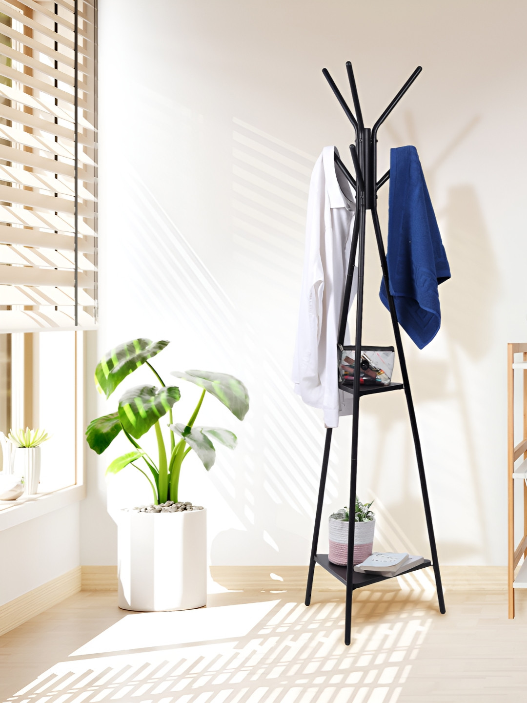 KriShyam Black Hall Tree With 6 Hook & 2 Tier Shelves Planter