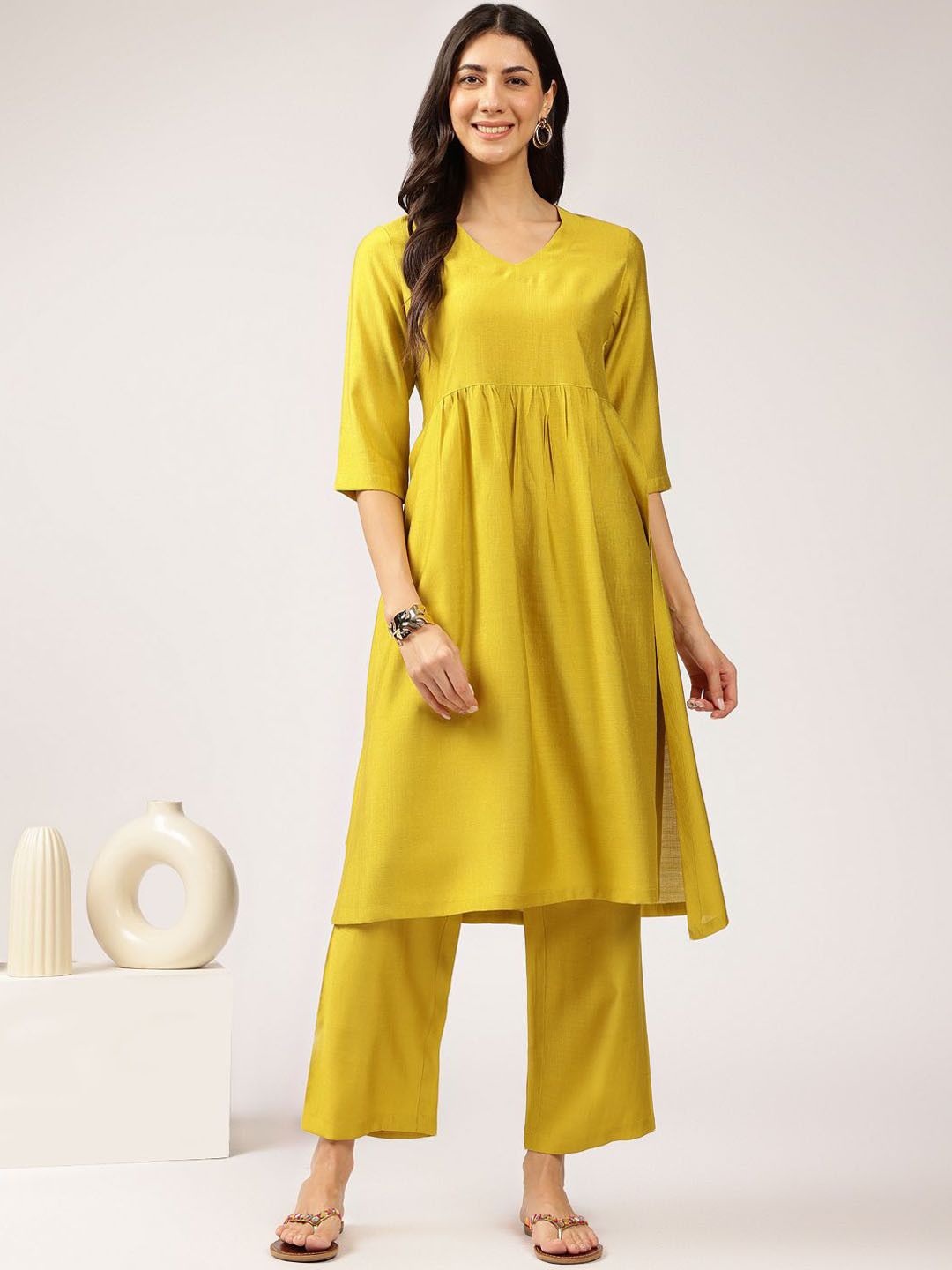 Anouk Lime Green V-Neck High Slit Straight Kurta With Palazzo