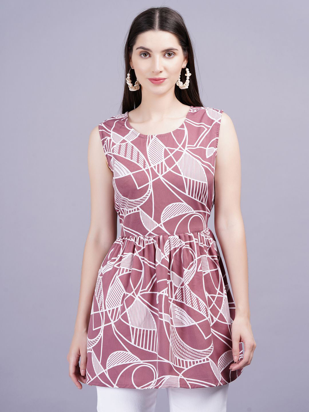 KALINI Geometric Print Rayon round Neck Women Top