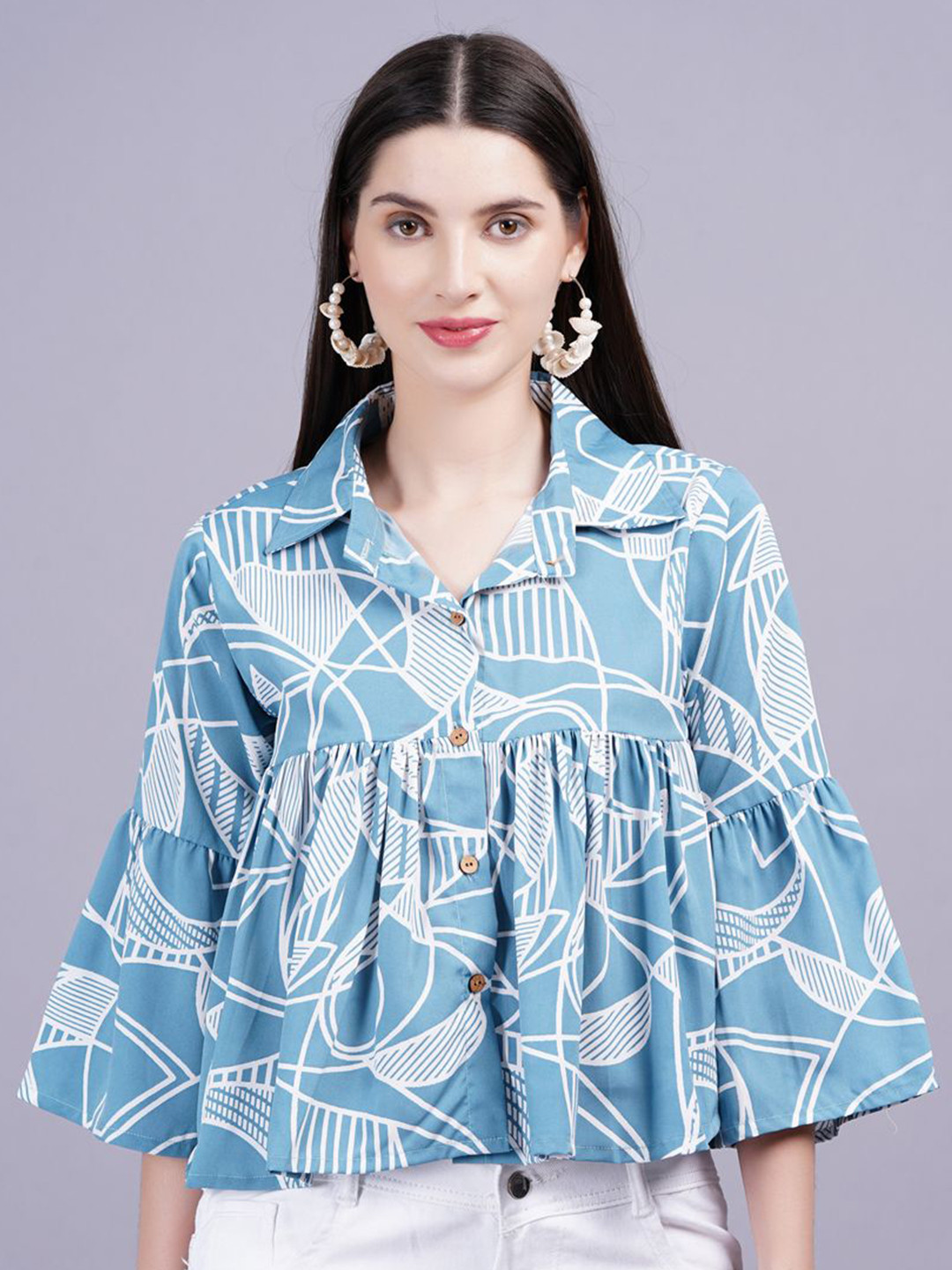 KALINI Abstract Printed Shirt Style Bell Sleeves Top