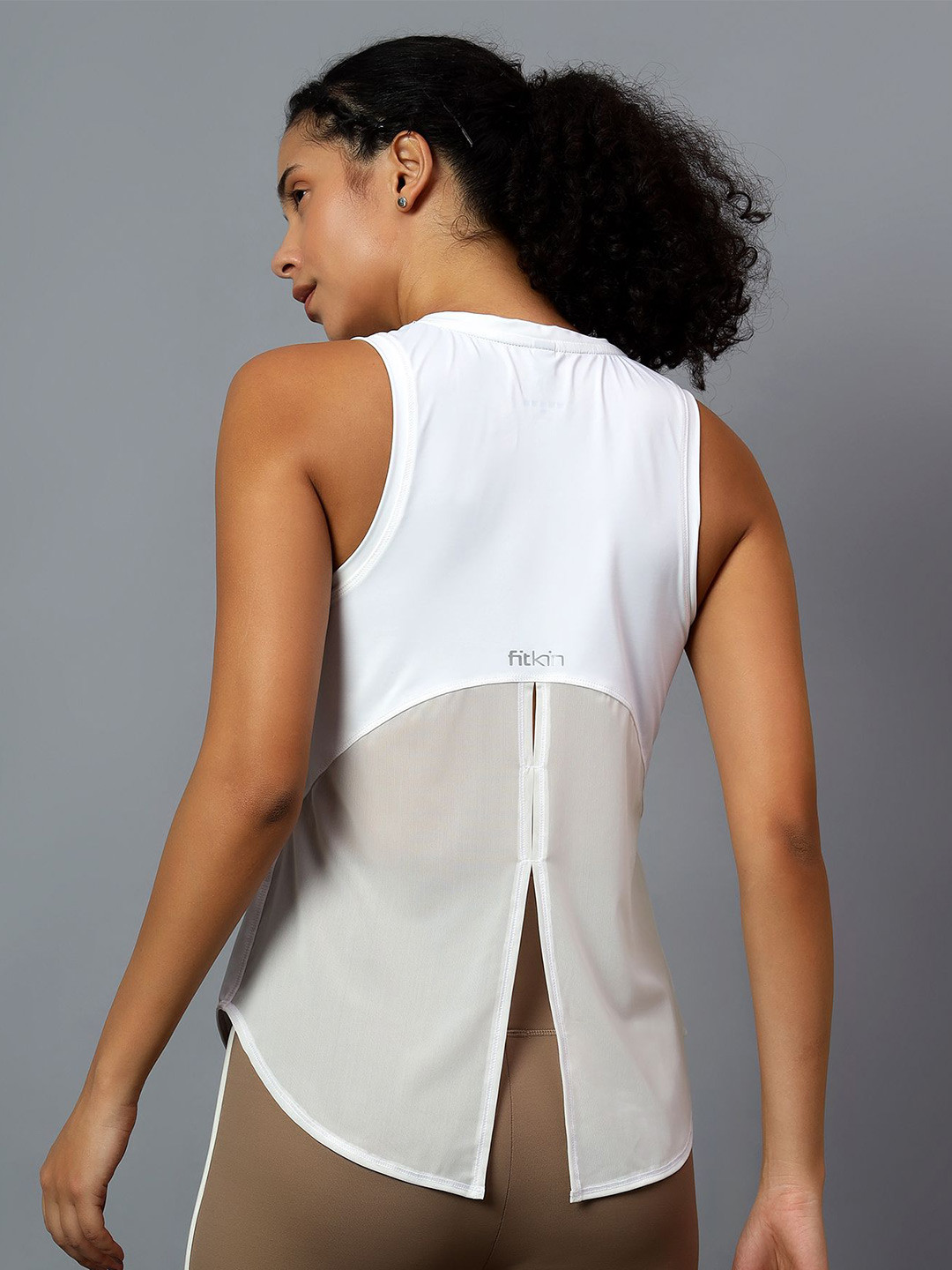 Fitkin Women White Breathable Back Mesh Split Tank Top
