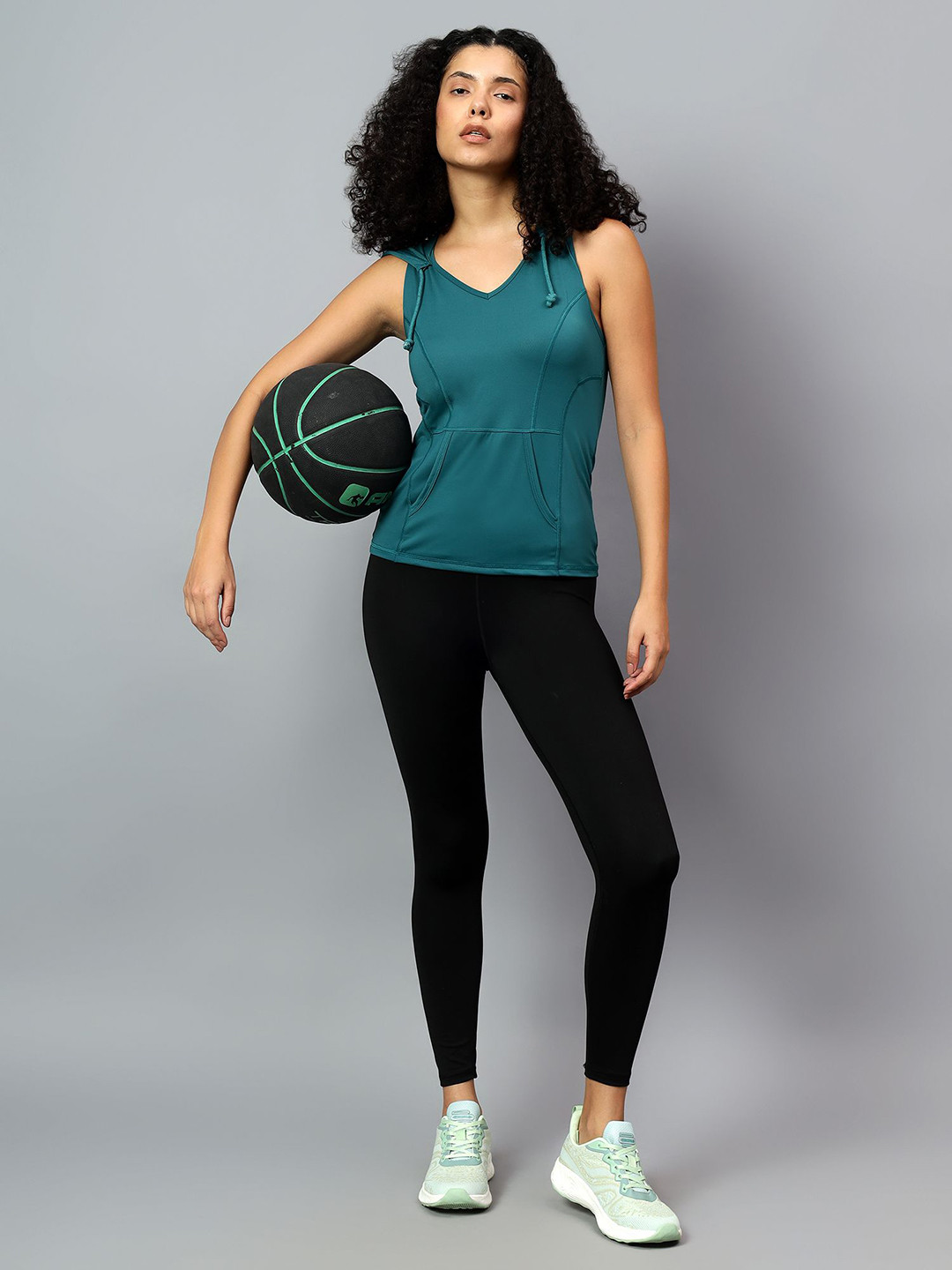 Fitkin Women Self Design Sleeveless Hooded Football T-shirt