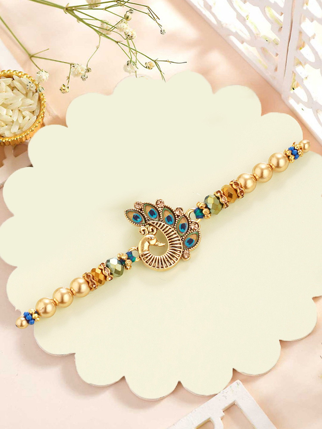 TIED RIBBONS Peacock Thread Rakhi with Roli Chawal