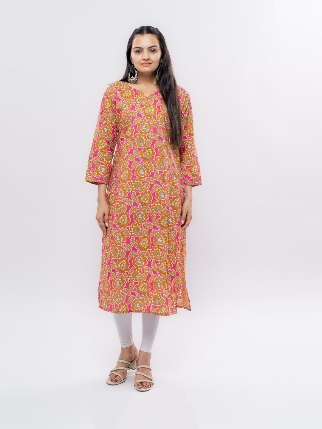 EKISHA Floral Printed V-Neck Pure Cotton Kurti