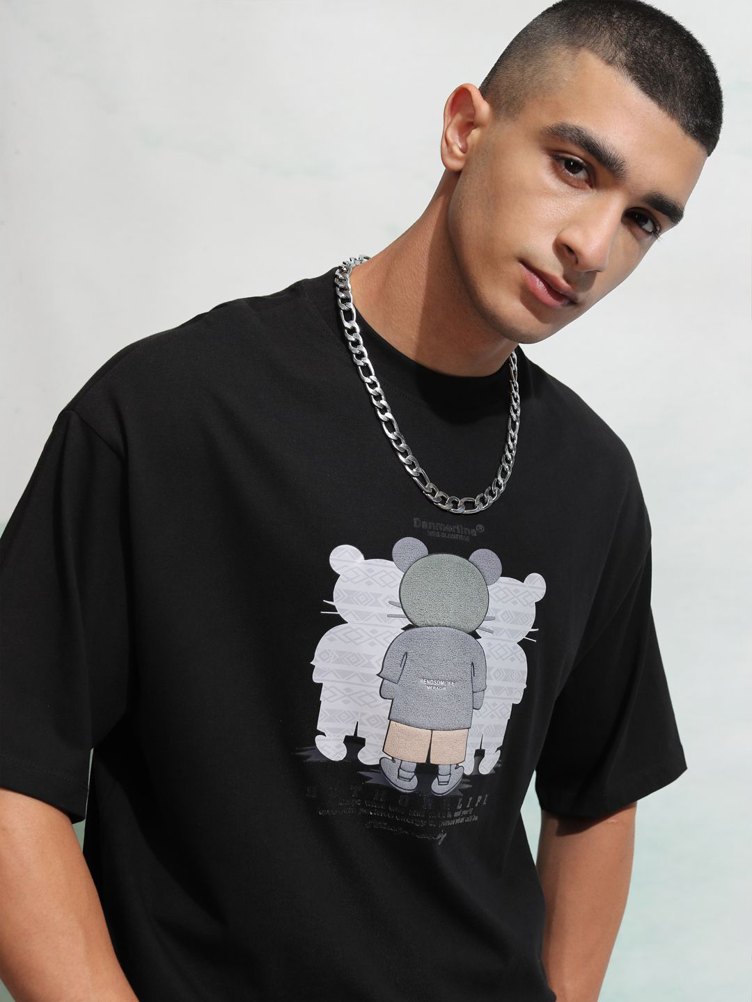 Black Graphic Round Neck T-shirt for Men