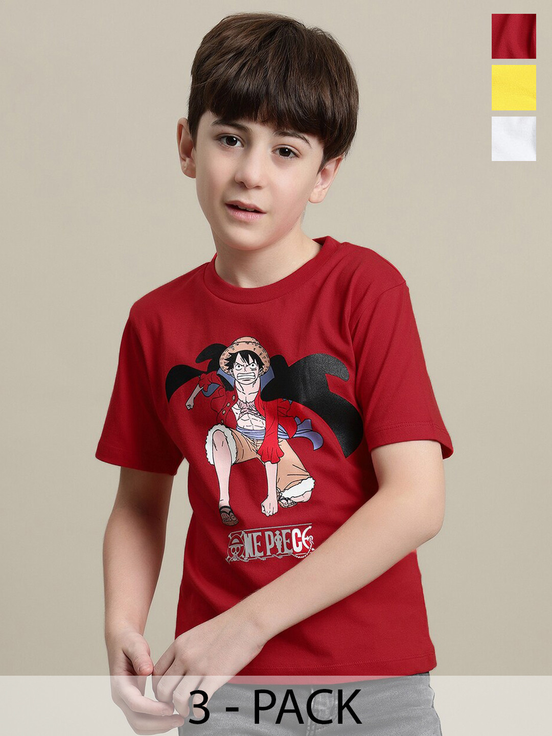 Kids Ville Boys Pack Of 3 Luffy Printed Pure Cotton T-shirt