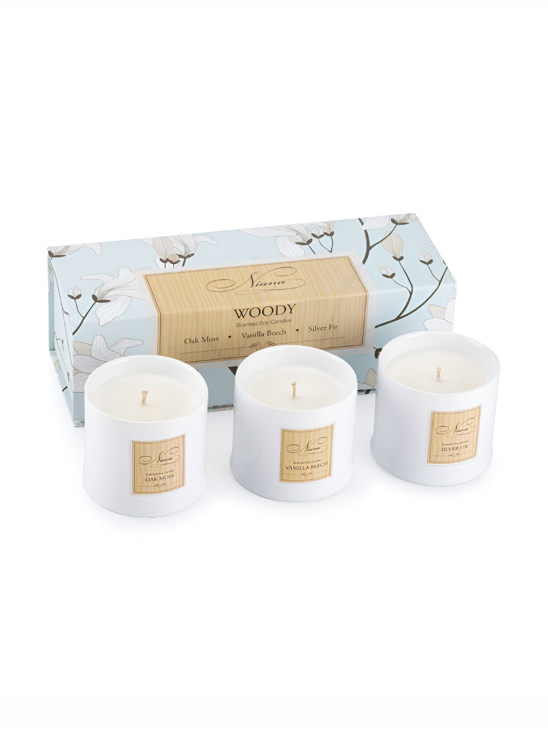 NIANA Woody 3Pcs Oak Moss, Vanila Beech, Silver Fir Solid Geometric Regular Jar Candles