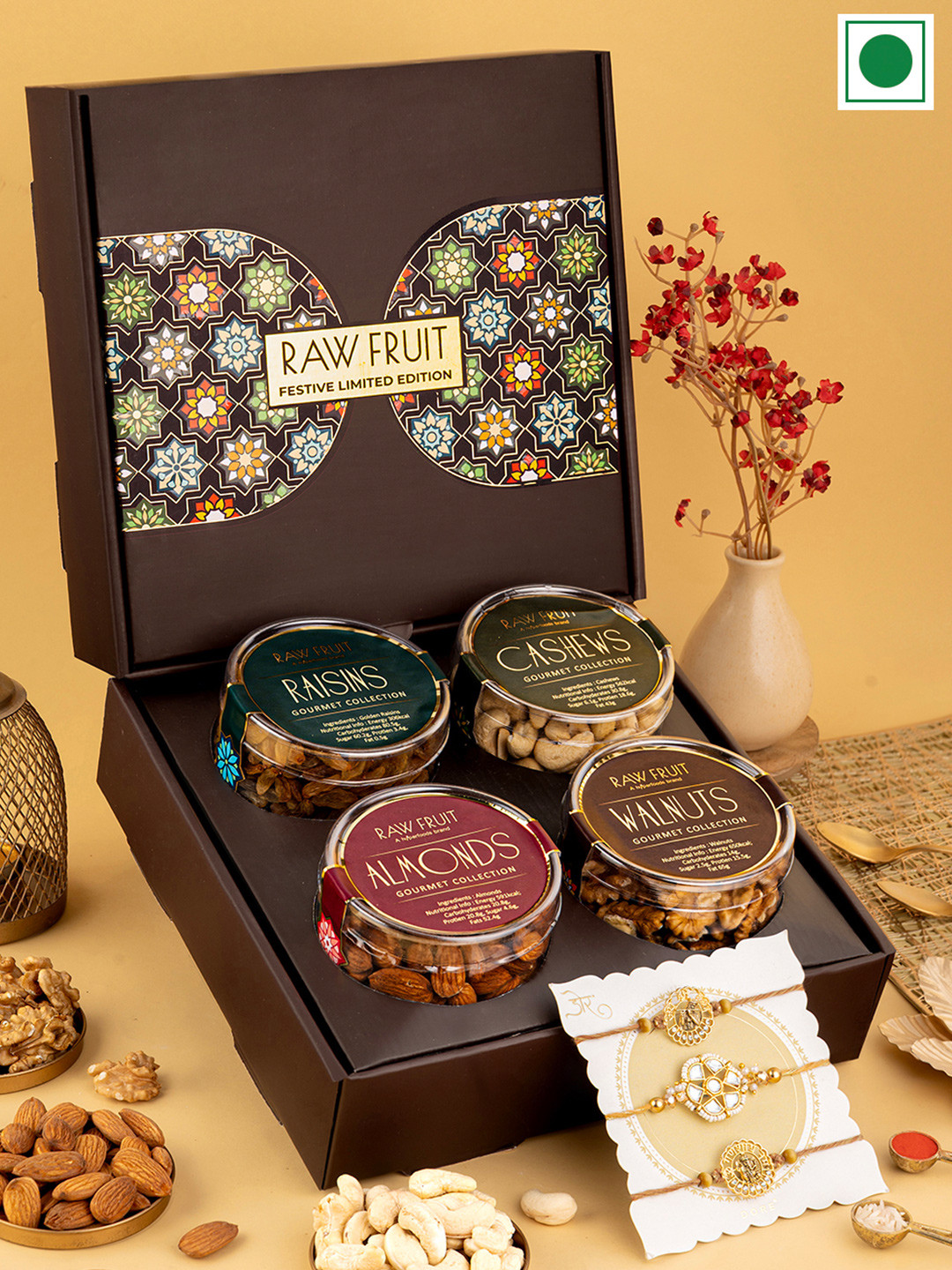 RawFruit Rakshabandhan Special Set of 3 Rakhi & Dry Fruits Gift Set