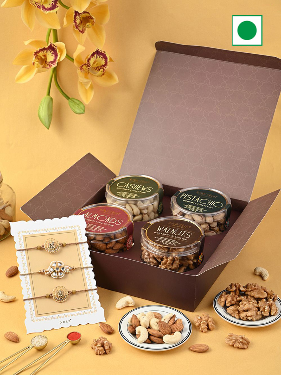 RawFruit Set of 3 Rakhi & Dry Fruits Gift Set