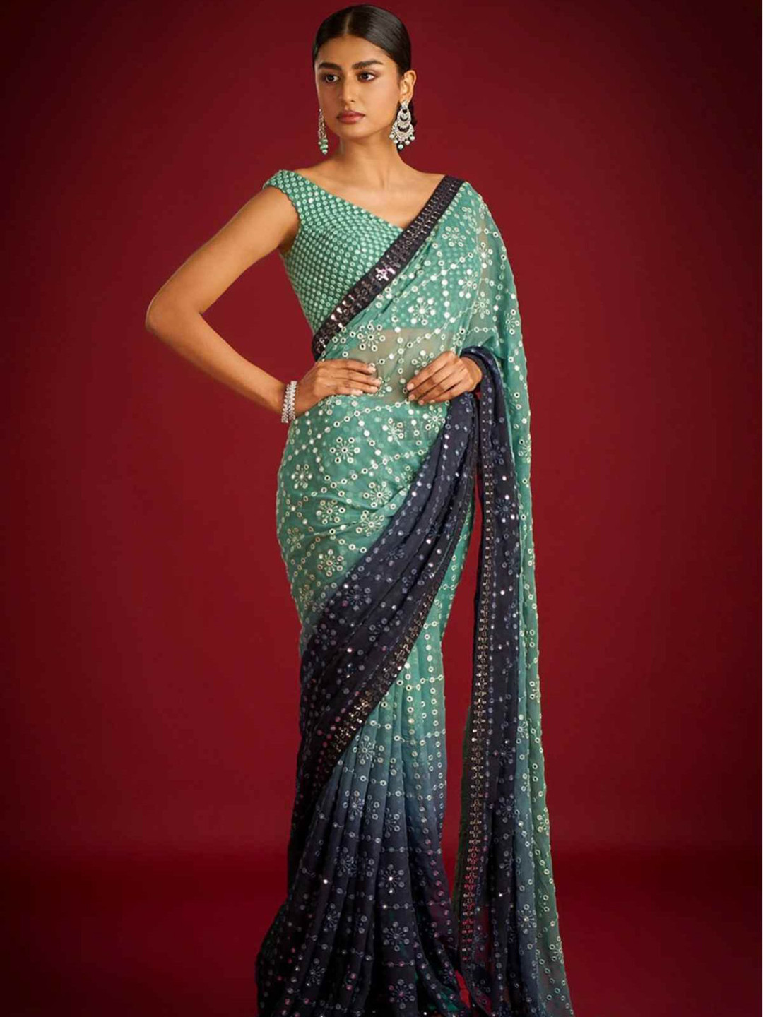 ODETTE Blue Geometric Embroidered Georgette Saree