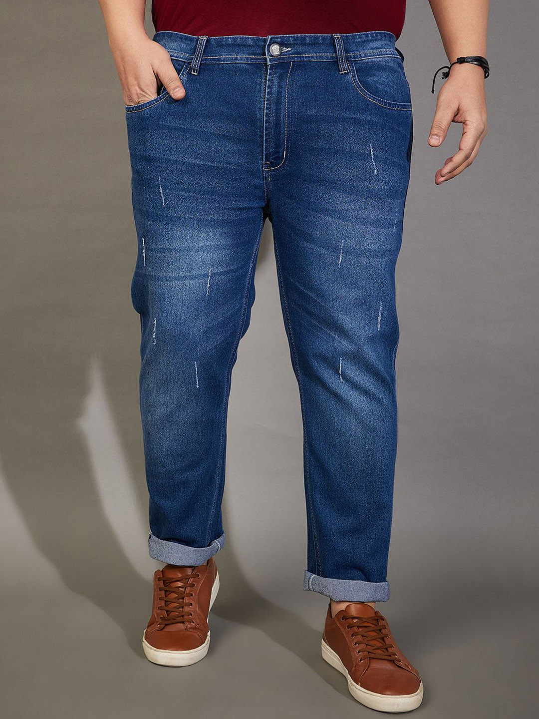 bigbanana Men Mid Rise Low Distress Light Fade Plus Size Stretchable Jeans