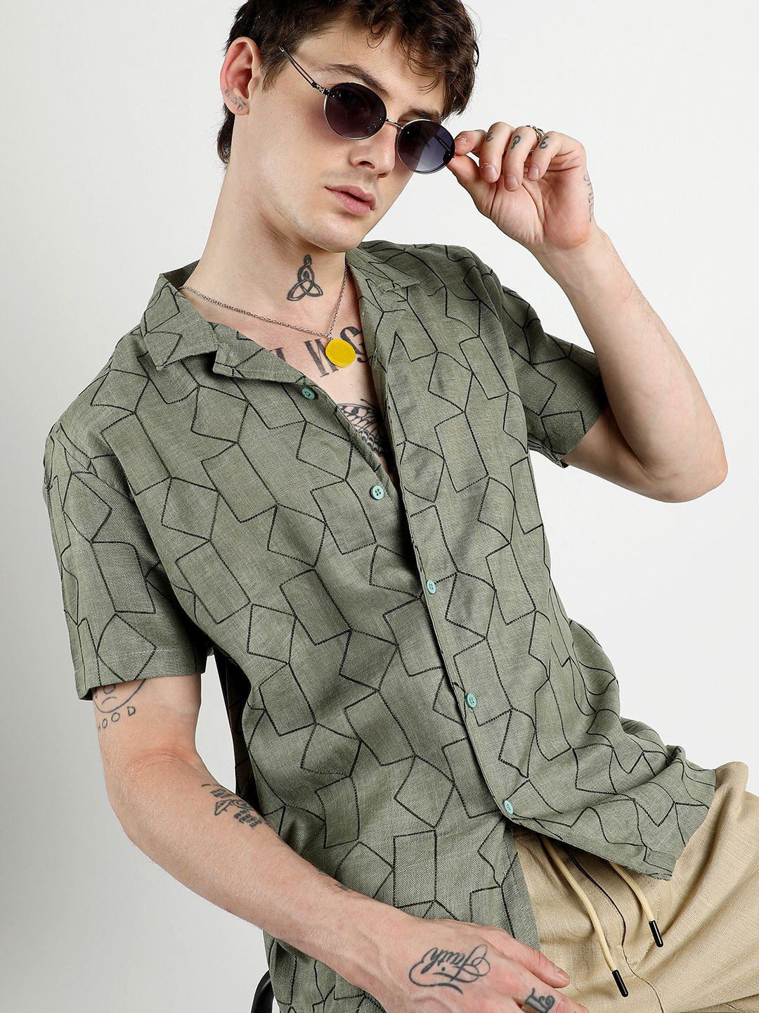 CAHOOT Men Comfort Cuban Collar Geometric Embroidered Casual Shirt