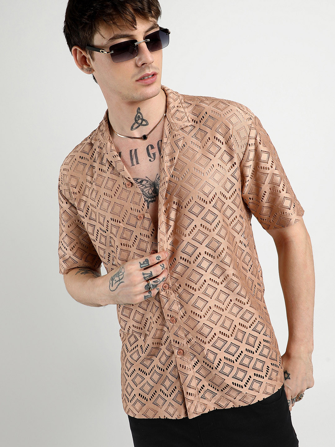 Campus Sutra Men Self Design Cuban Collar Rhombus Oversized Casual Shirt