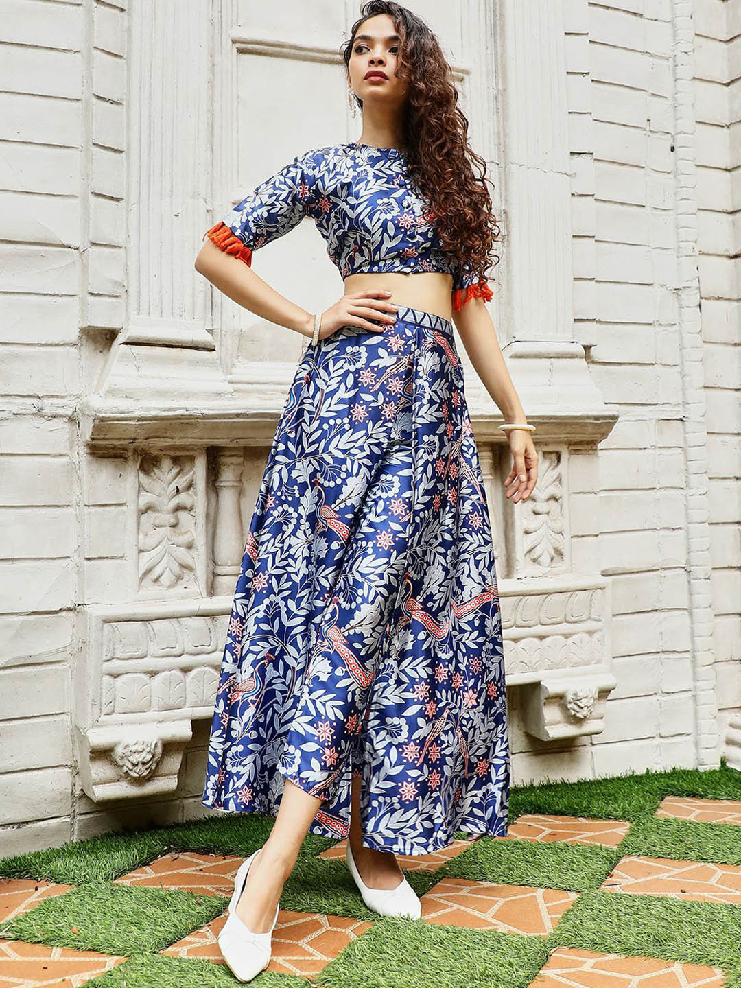 QISSA Flora Bird Printed Round Neck Top & Skirt