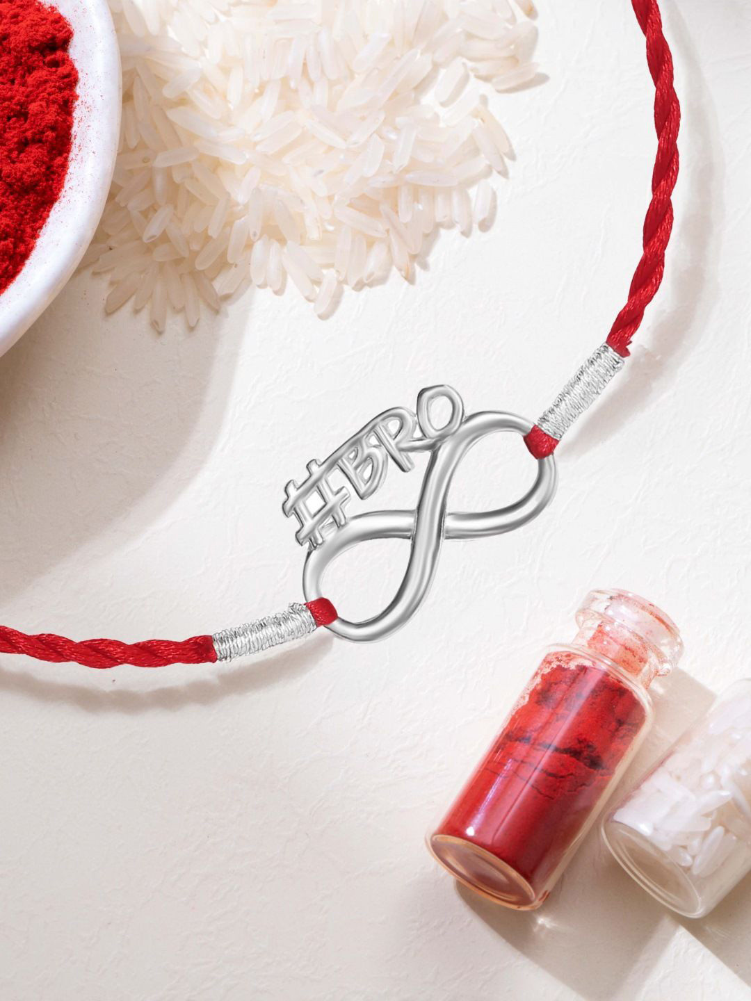 Zavya 925 Sterling Silver Infinity Charm Wraparound Brother Rakhi, Rice & Roli Set
