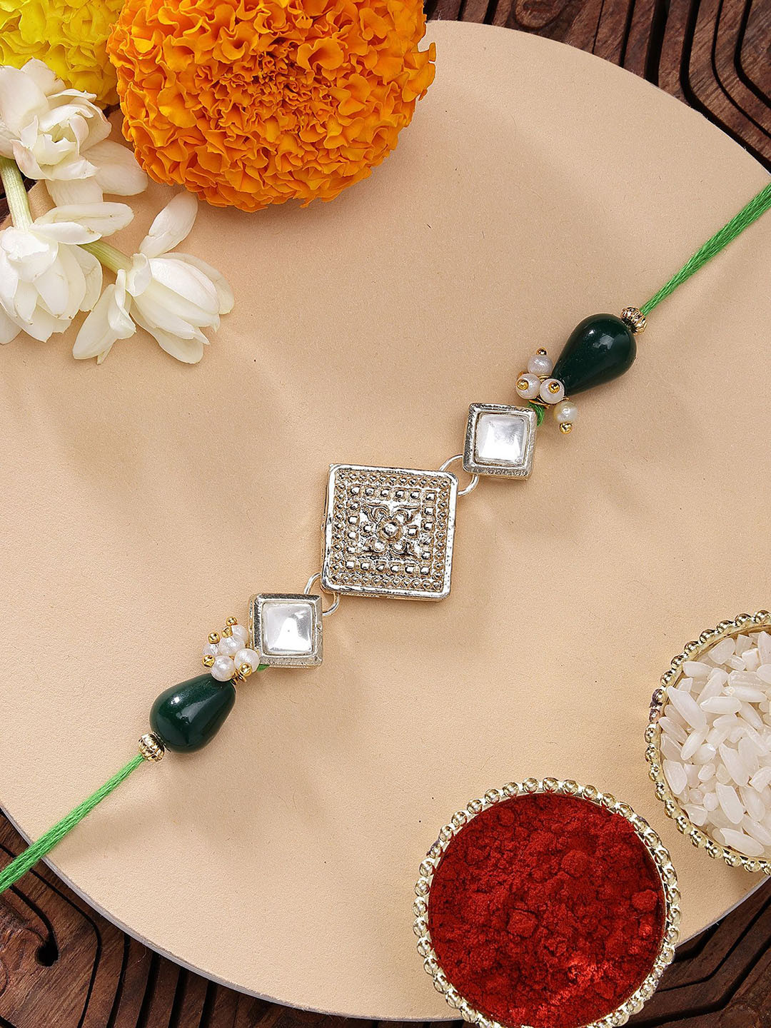 KARATCART Green Drop Bead Square Shape Kundan Rakhi with Roli & Chawal