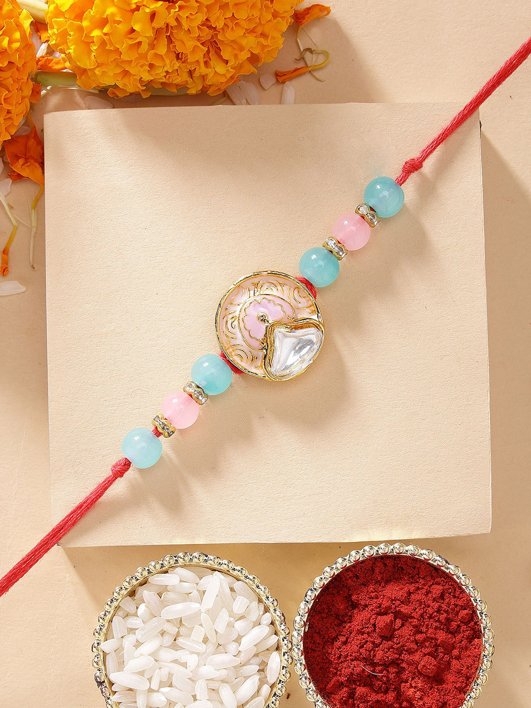 KARATCART Sea Shell Design Meenakari Kundan Rakhi with Roli & Chawal