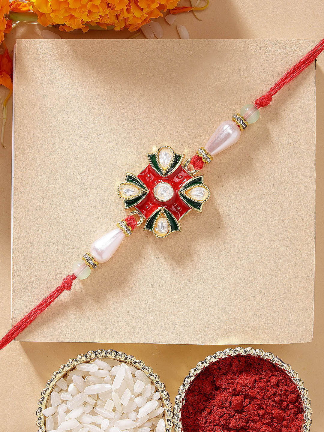 KARATCART Floral Design Red & Green Meena Rakhi with Roli Chawal