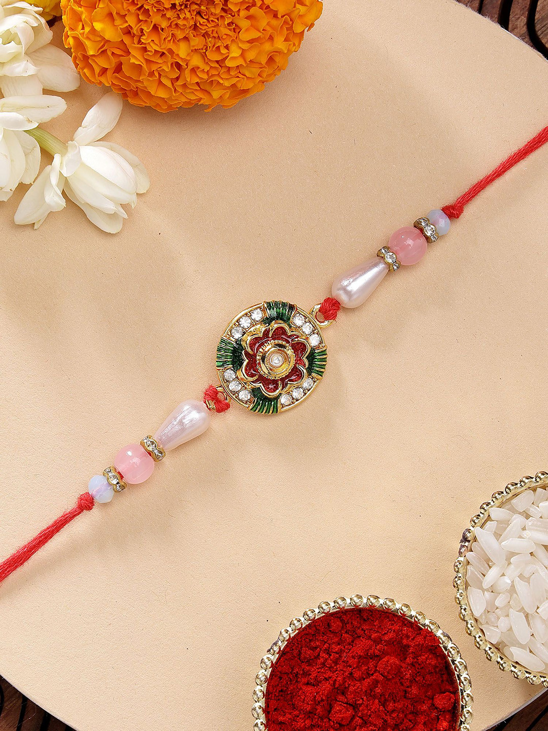 KARATCART Floral Design Red & Green Meena Rakhi with Roli Chawal