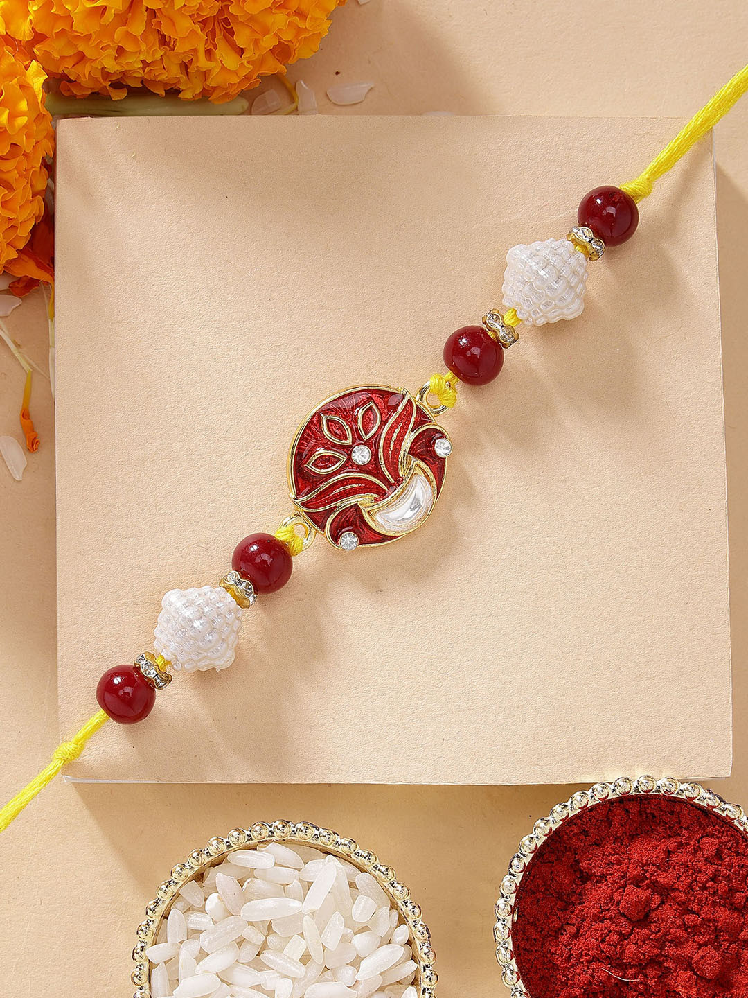 KARATCART Flower Pot Design Red Meena Rakhi with Roli Chawal