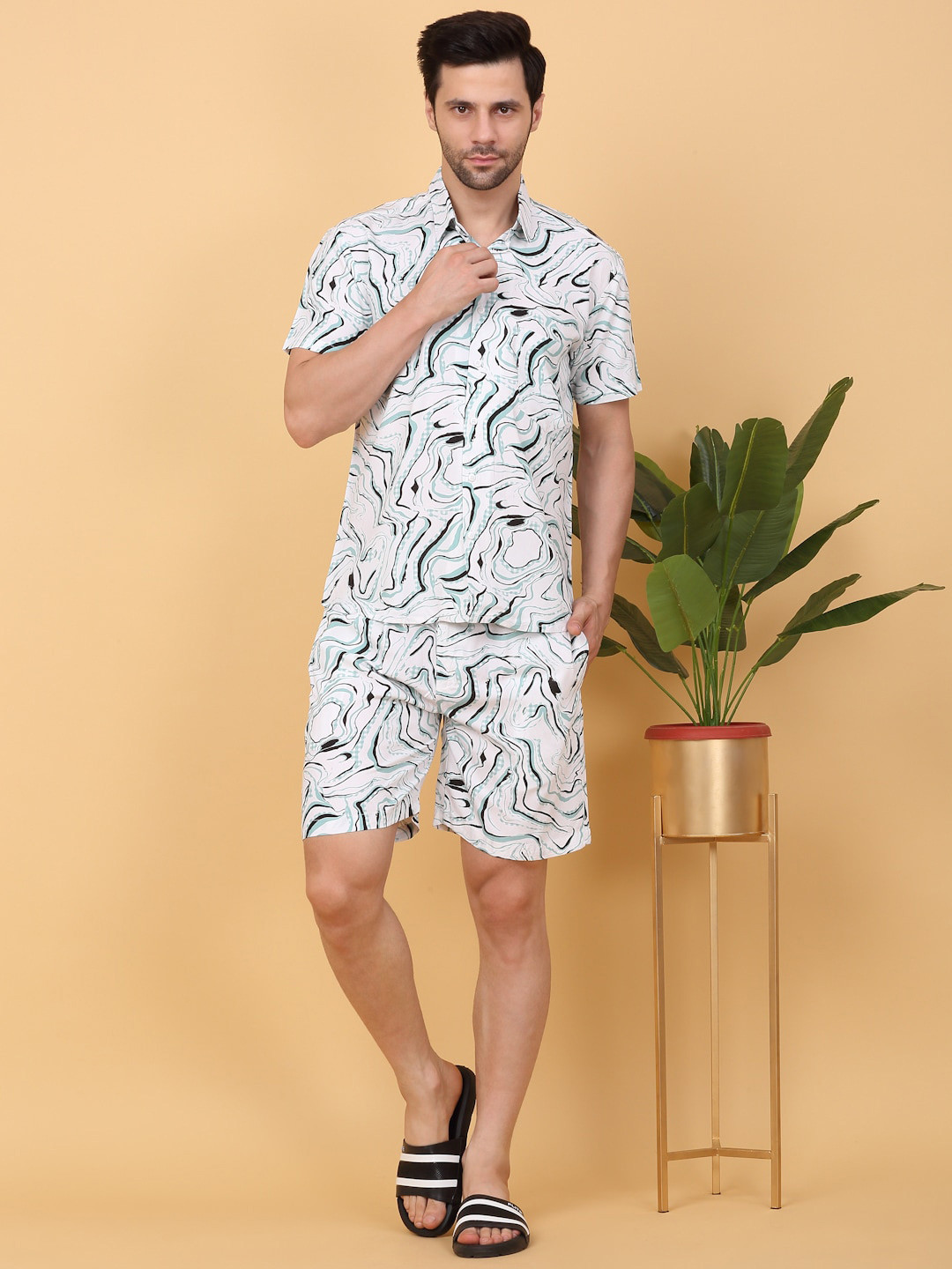 Sweet Dreams White & Blue Shirt Collar Printed Shirt With Shorts Co-Ords