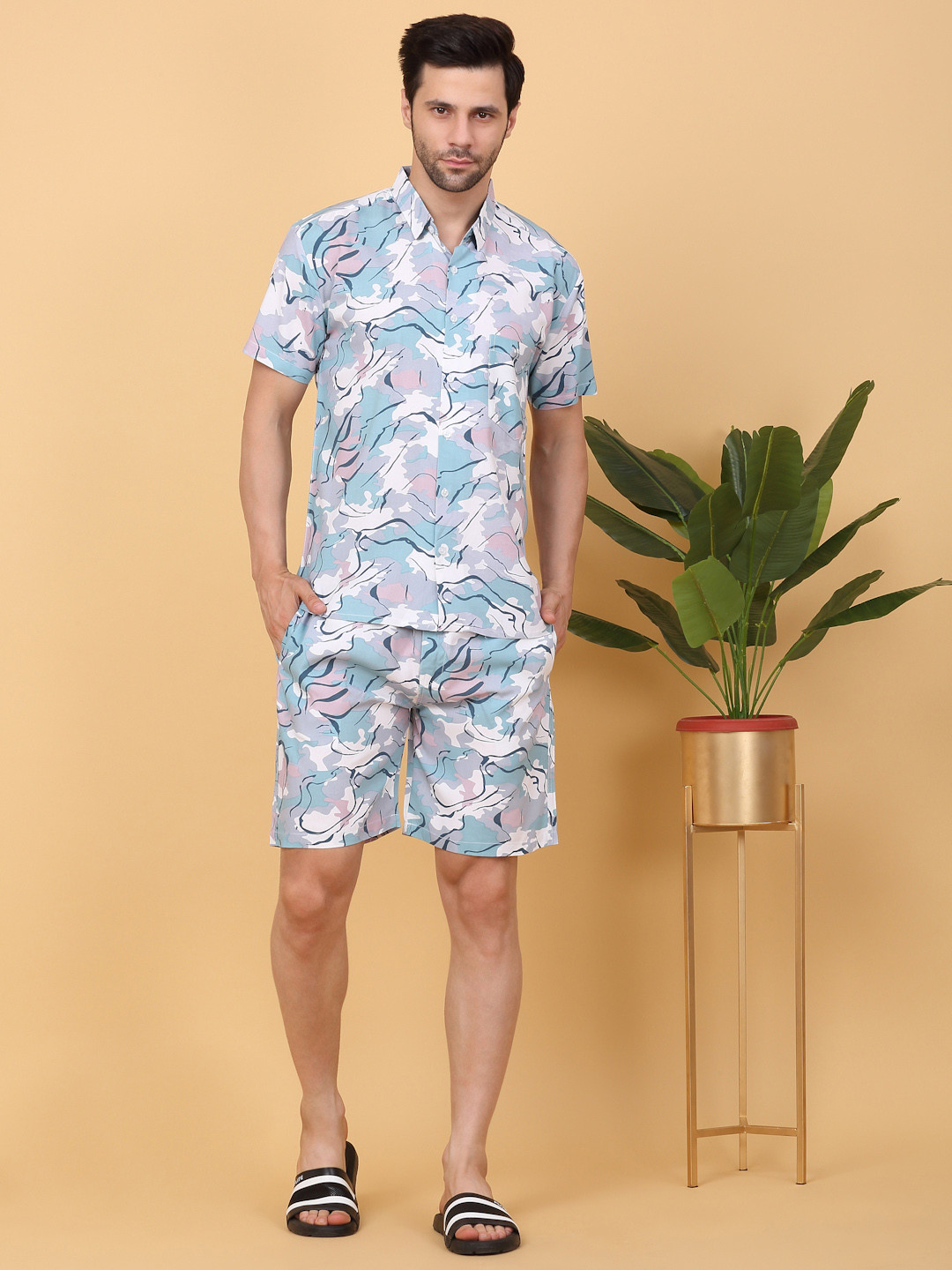 Sweet Dreams Beige & Black Shirt Collar Printed Shirt & Shorts Co-Ords