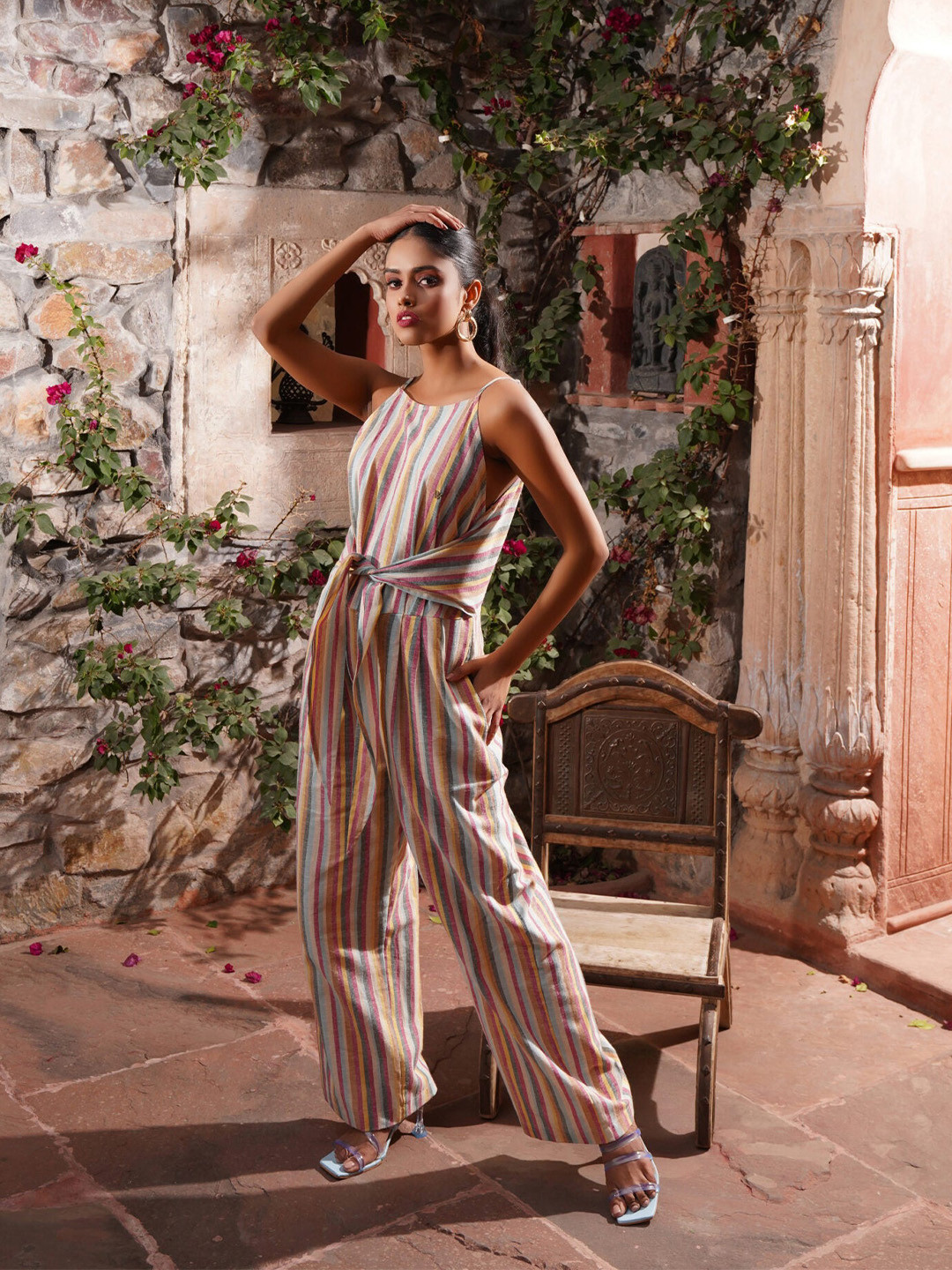 Western Era Striped Shoulder Straps Waist Tie-Ups Linen Basic Jumpsuit