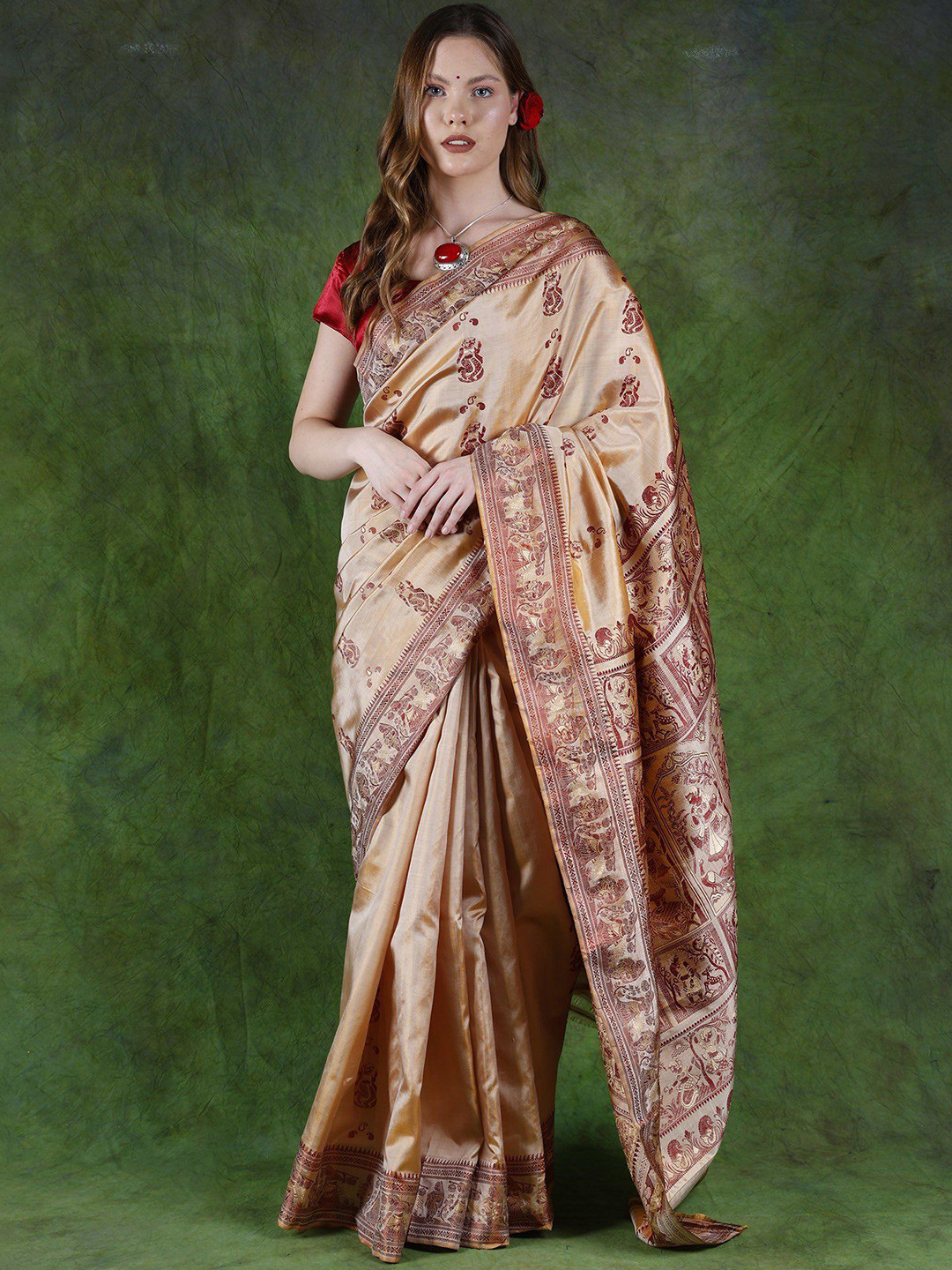 Exotic India Baluchari Beige Saree with Woven Apsaras