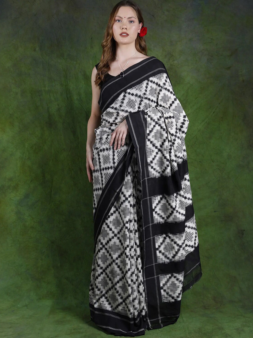 Exotic India Caviar Pure Cotton Pochampally Saree with Ikat Weave
