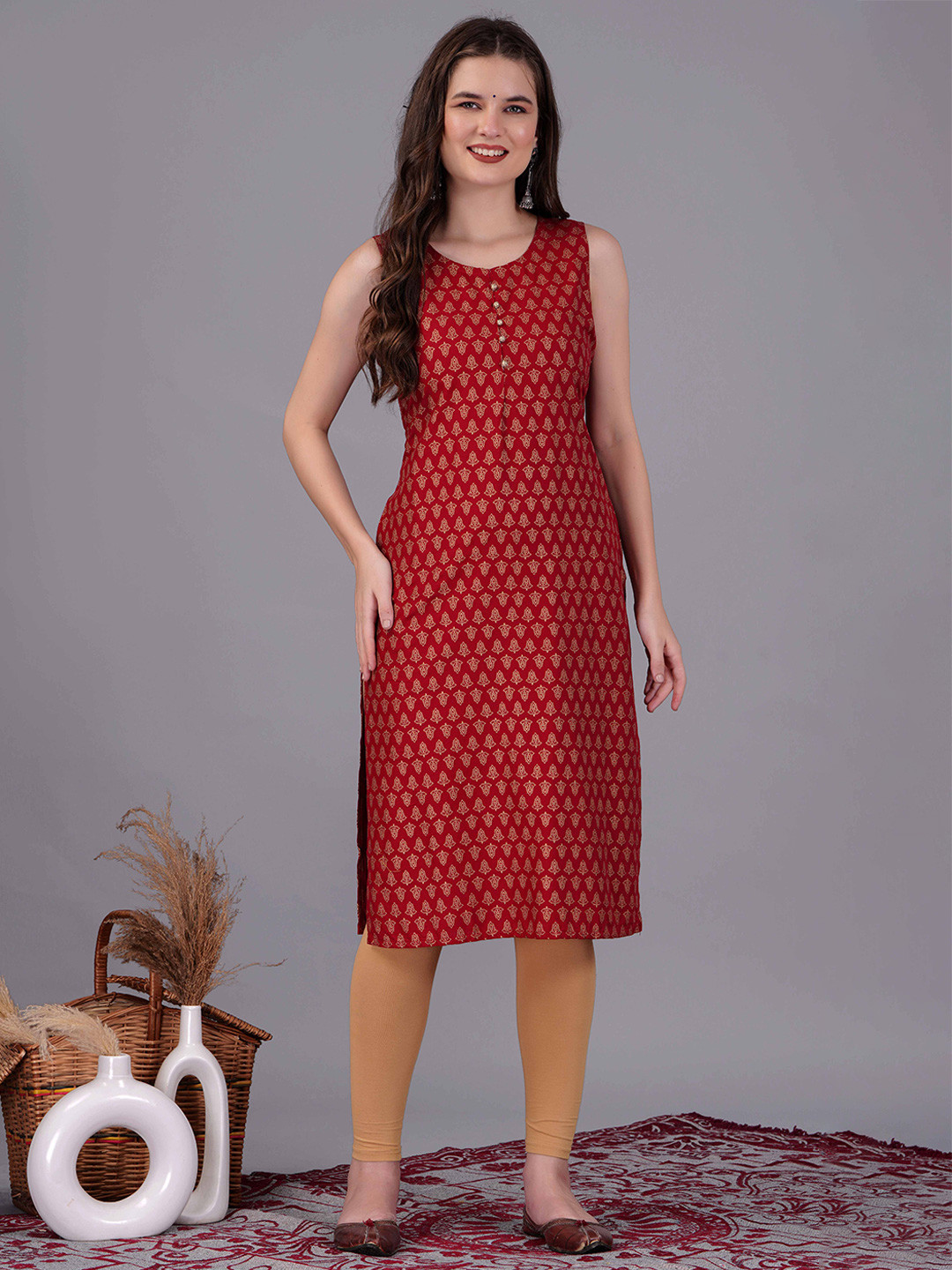 SRFA Ethnic Motifs Printed Sleeveless Straight Kurta