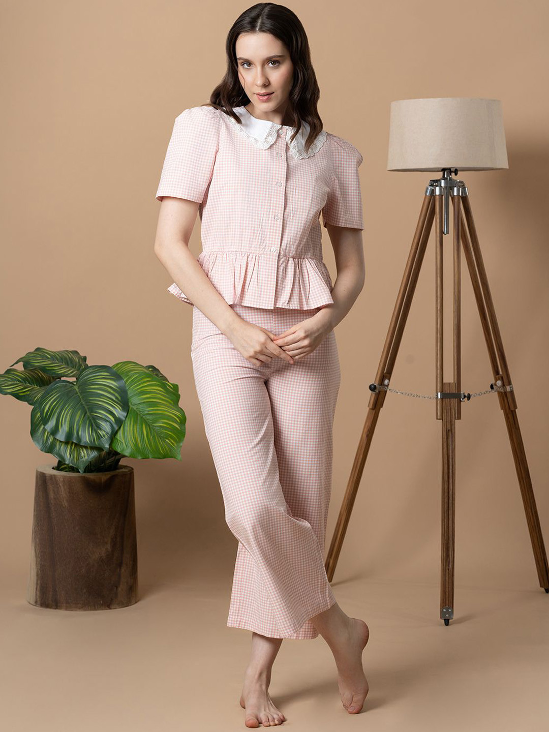 BLANC9 Peter Pan Collar Checked Pure Cotton Top With Pyjama