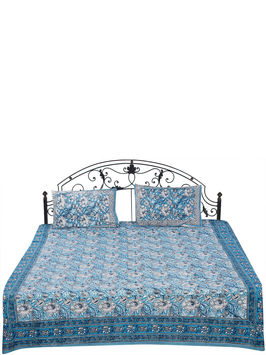 Exotic India Sanganeri Blue Floral Cotton 300 TC Queen Fine Bedsheet with 2 Pillow Covers-108 x 86 inches