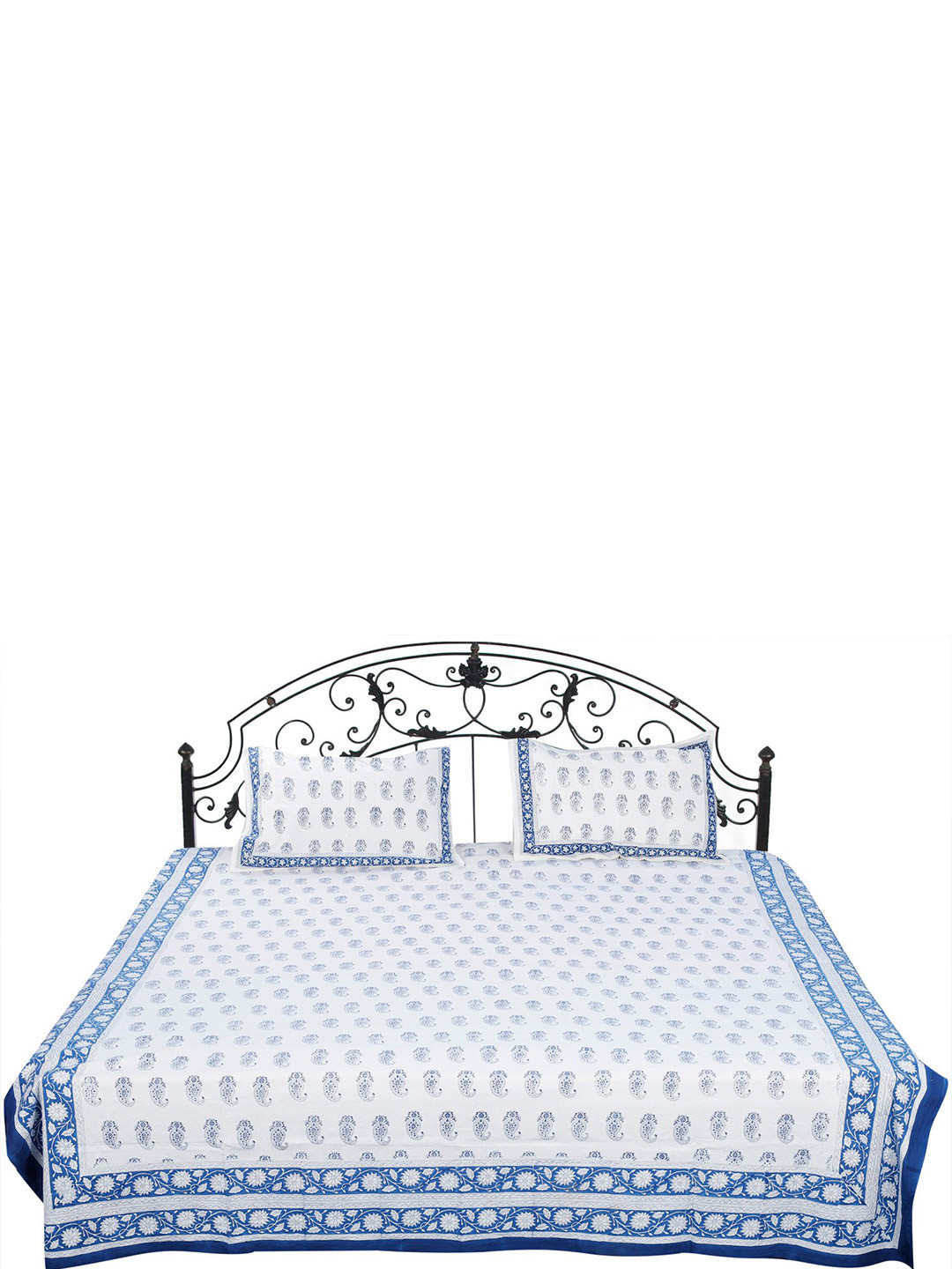 Exotic India Sanganeri White Paisley Cotton 300 TC Queen Fine Bedsheet with 2 Pillow Covers-108 x 86 inches