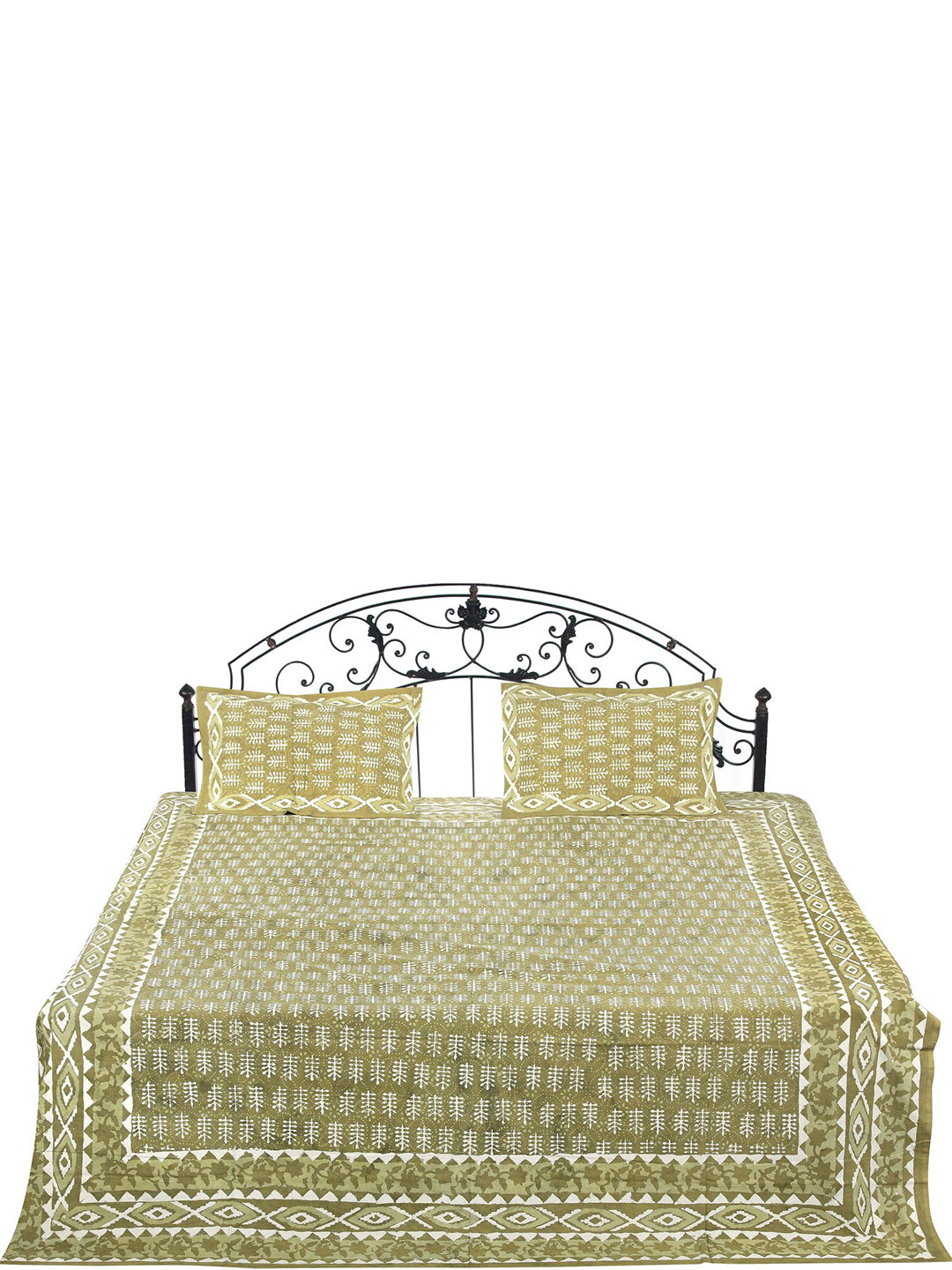 Exotic India Rajasthan With Bagdoo Green Floral Cotton 300 TC Queen Fine Bedsheet with 2 Pillow Covers-102 x 87 inches