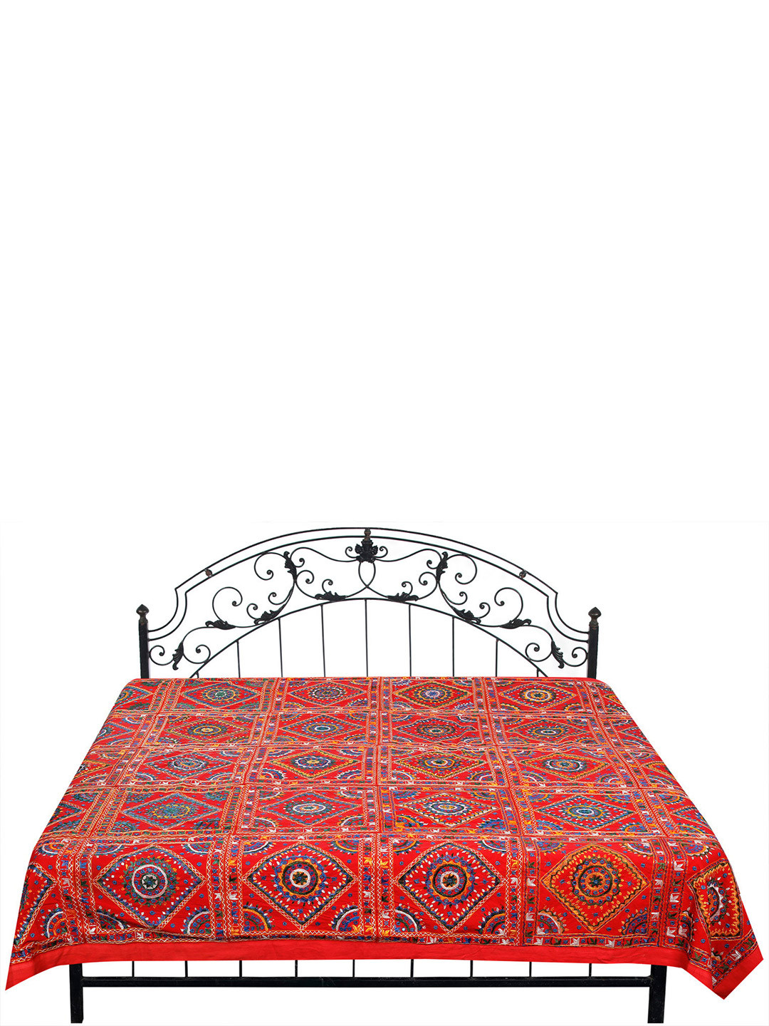 Exotic India Jaipur Red Geometric Cotton 300 TC Queen Fine Bedsheet -103 x 91 inches
