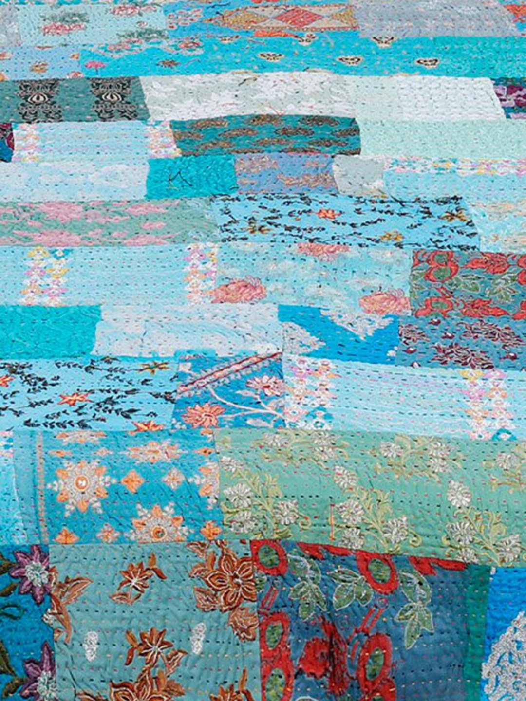 Exotic India Bachelor-Button Kantha Blue Ethnic Motifs Cotton 300 TC Queen Fine Bedsheet -102 x 83 inches