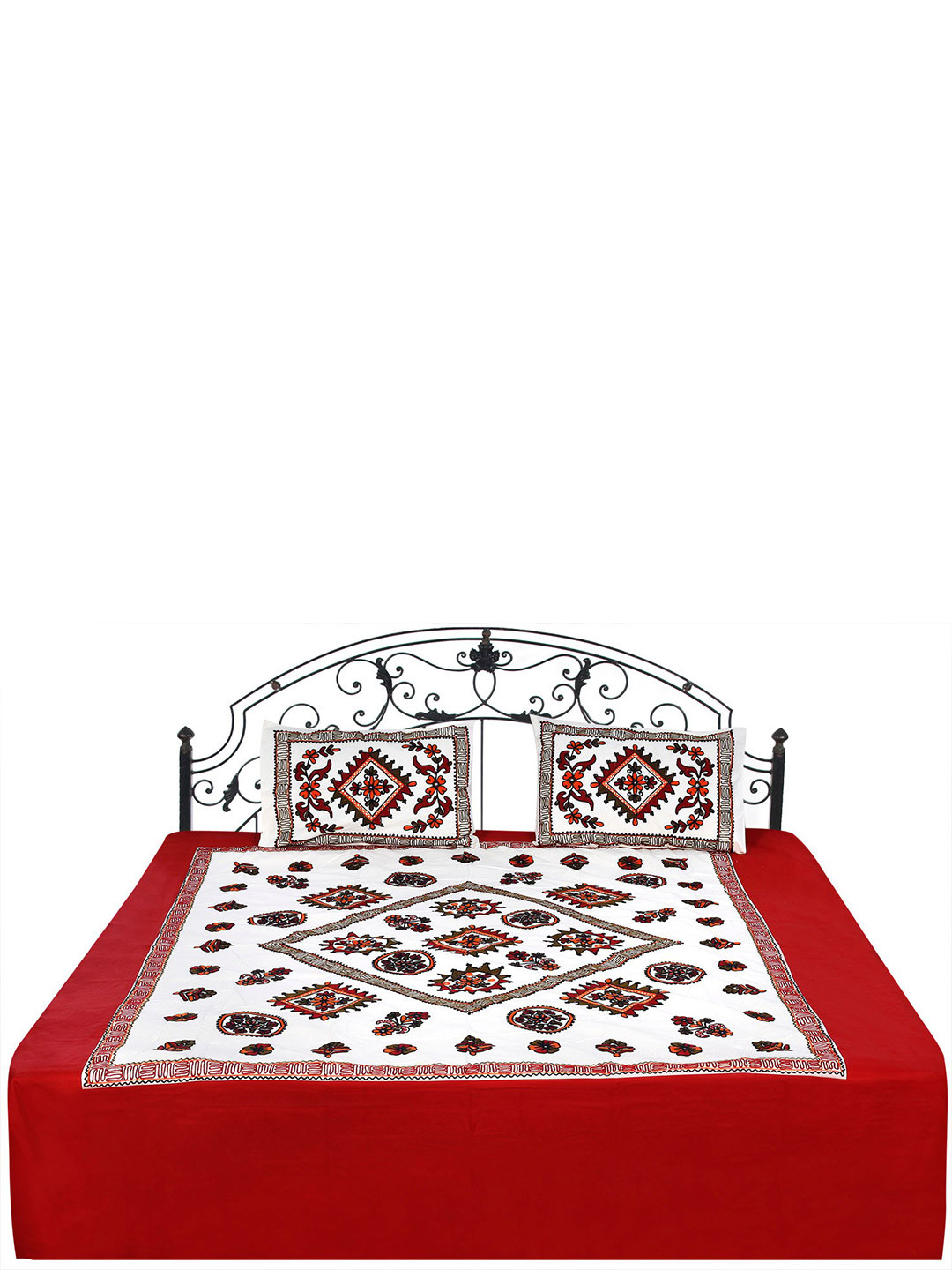 Exotic India Gujarat White Ethnic Motifs Cotton 300 TC Queen Fine Bedsheet with 2 Pillow Covers-102 x 96 inches