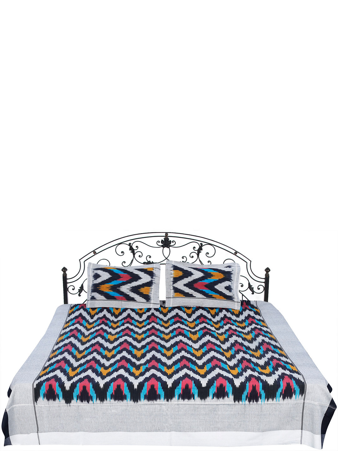 Exotic India Pochampally White Abstract Cotton 300 TC Queen Fine Bedsheet with 2 Pillow Covers-259.08 x 222.504 cm