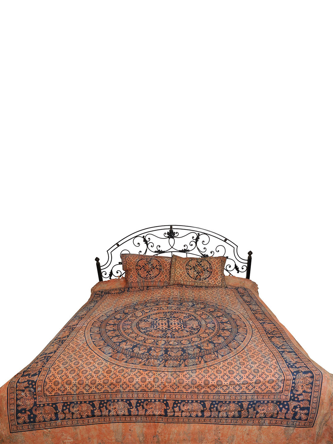 Exotic India Beachsand Brown Ethnic Motifs Cotton 300 TC Queen Fine Bedsheet with 2 Pillow Covers-98 x 84 inches