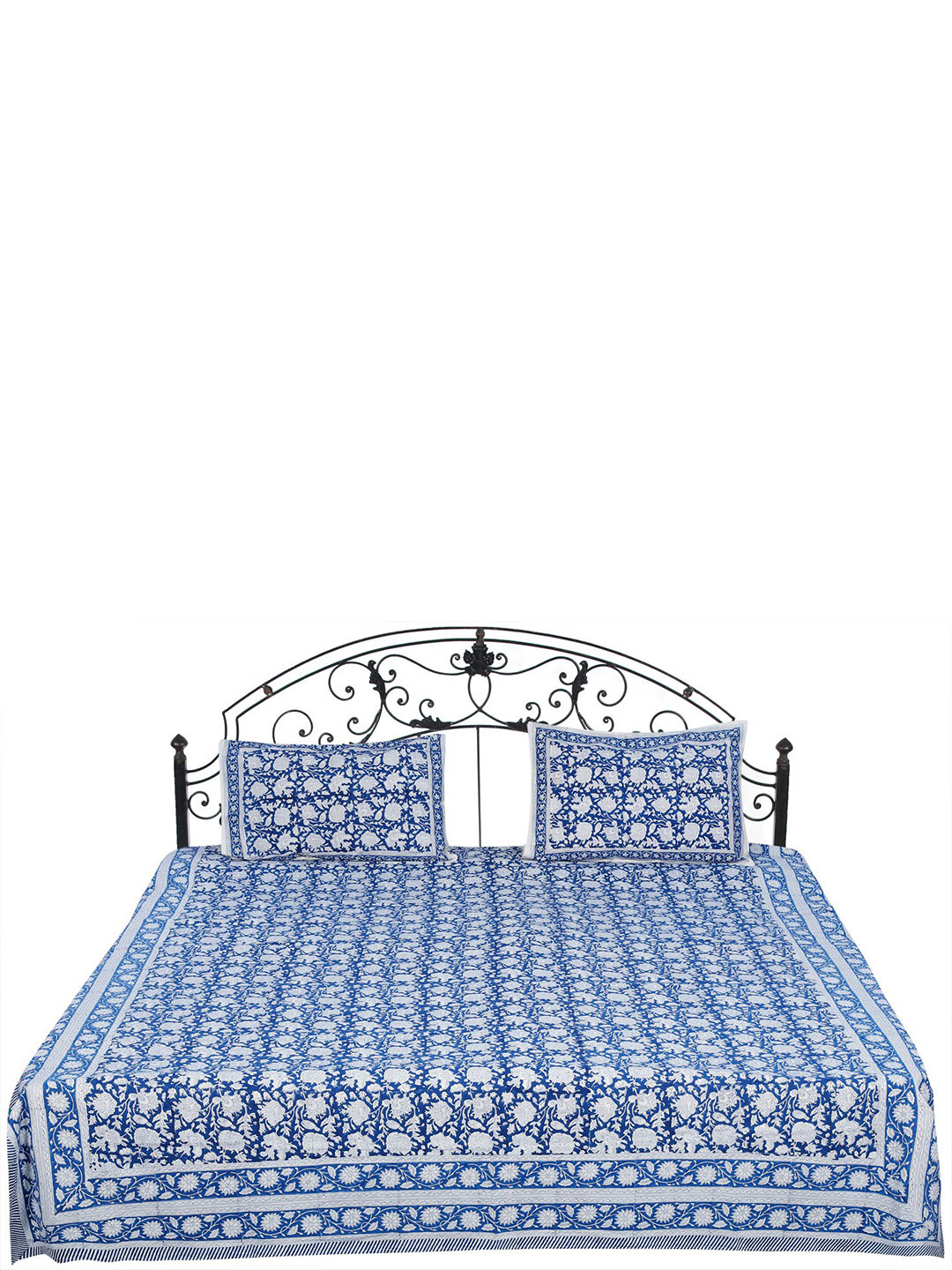 Exotic India True Blue Floral Cotton 300 TC Queen Fine Bedsheet with 2 Pillow Covers-108 x 86 inches