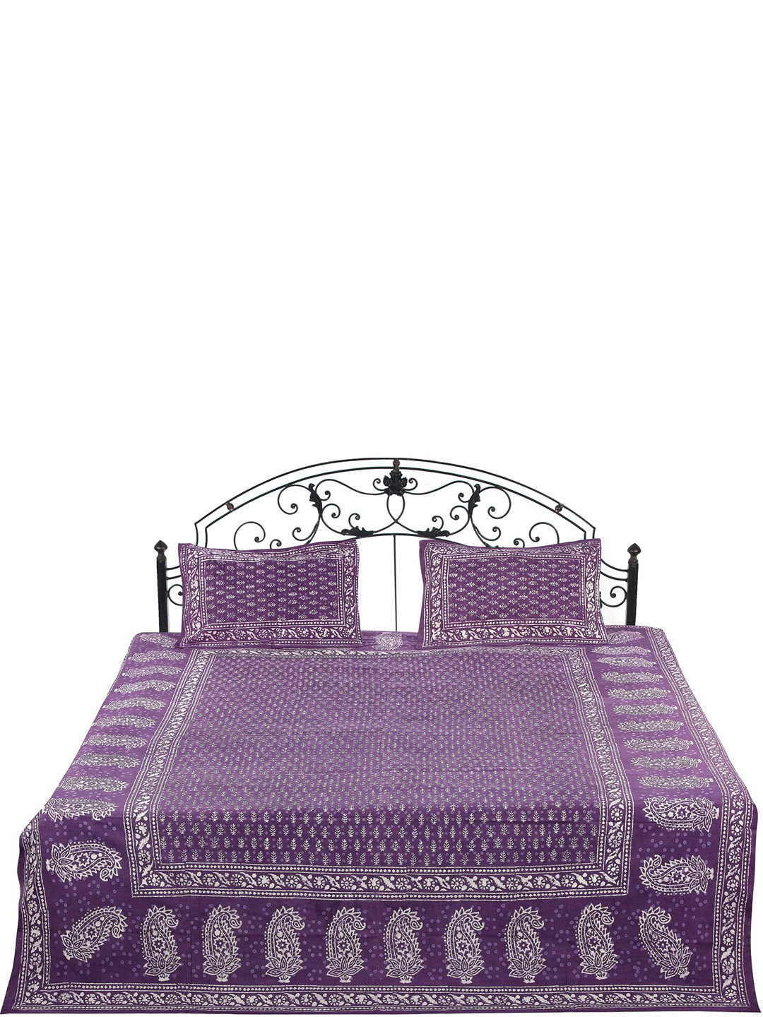Exotic India Crushed Grape Purple Floral Cotton 300 TC Queen Fine Bedsheet with 2 Pillow Covers-104 x 87 inches