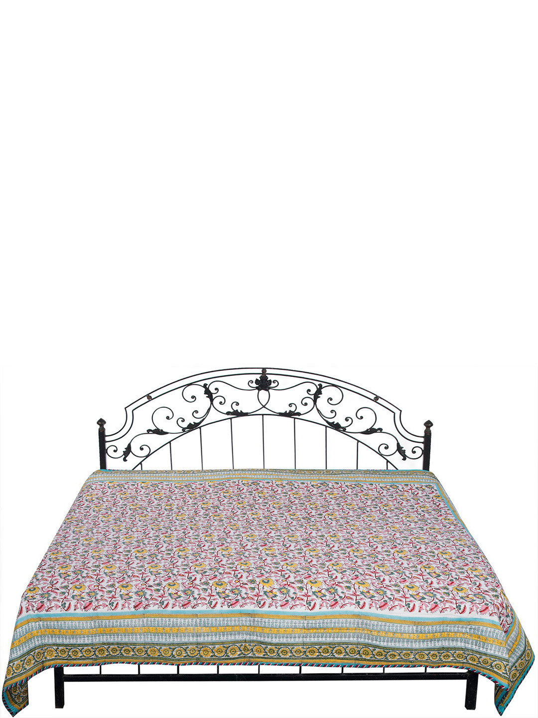 Exotic India Reversible Jaipuri White Floral Cotton 300 TC Queen Fine Bedsheet -105 x 91 inches